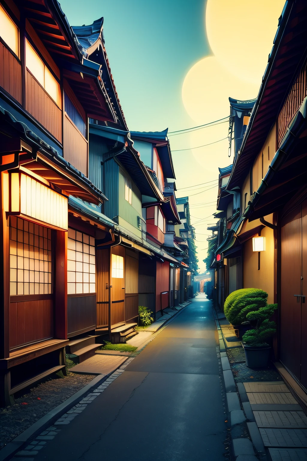 Create photos of the small life of Japan in the psychedelic style of the 60s。Vivid and intense colors、Abstract pattern、Using optical effects、Highlight the atmosphere of that time。Try to capture the psychedelic vibrations and spirit of the times in your artwork。I like cyberpunk colors。