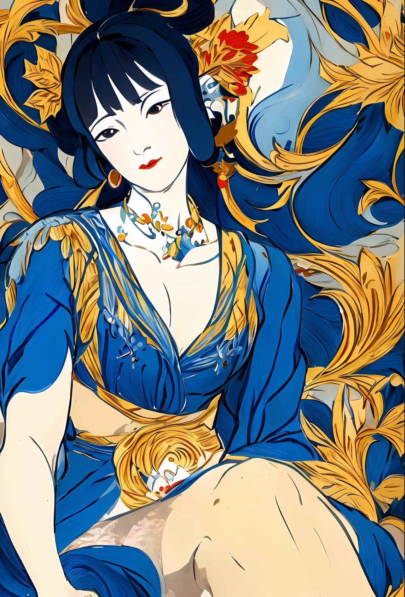 a close up of a woman in a blue dress sitting on a bed, inspired by Léon Bakst, inspired by Tawaraya Sōtatsu, gouache and ink, in the art style of ukiyo - e, gouache on paper, persian folktale artstyle, inspired by Utagawa Kunisada II, inspired by Utagawa Kunisada III