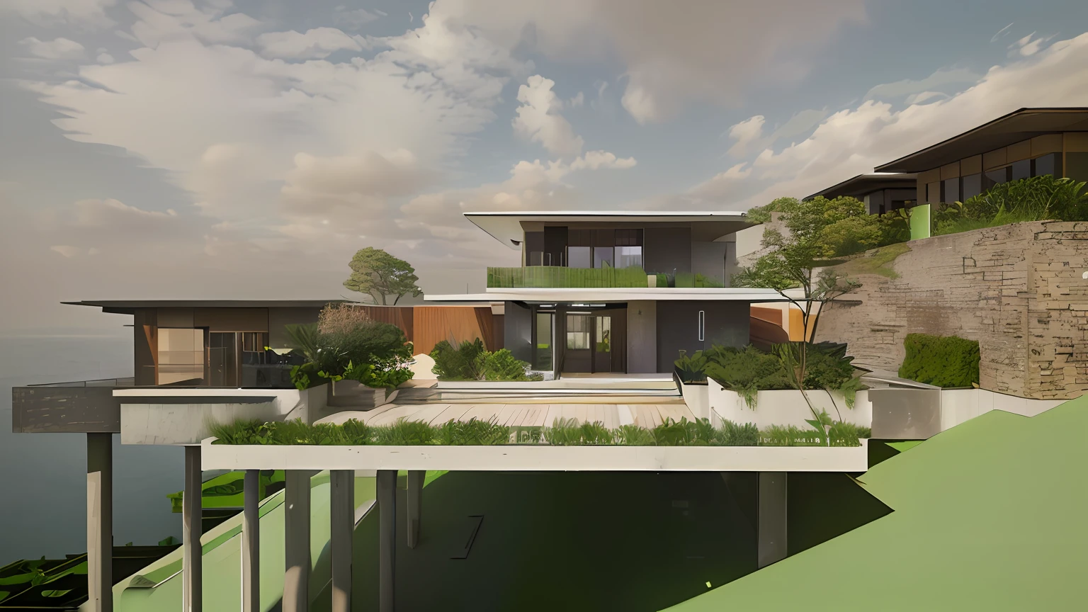 arafed view of a house with a green roof and a balcony, concept house, detail render, architectural render, conceptual rendering, detailed rendering, architecture render, enscape render, detailed render, digital rendering, lumion render, lumion rendering, architectural concept, architectural concepts, detailed renderings, high detail render, architectural rendering, residential design, final render