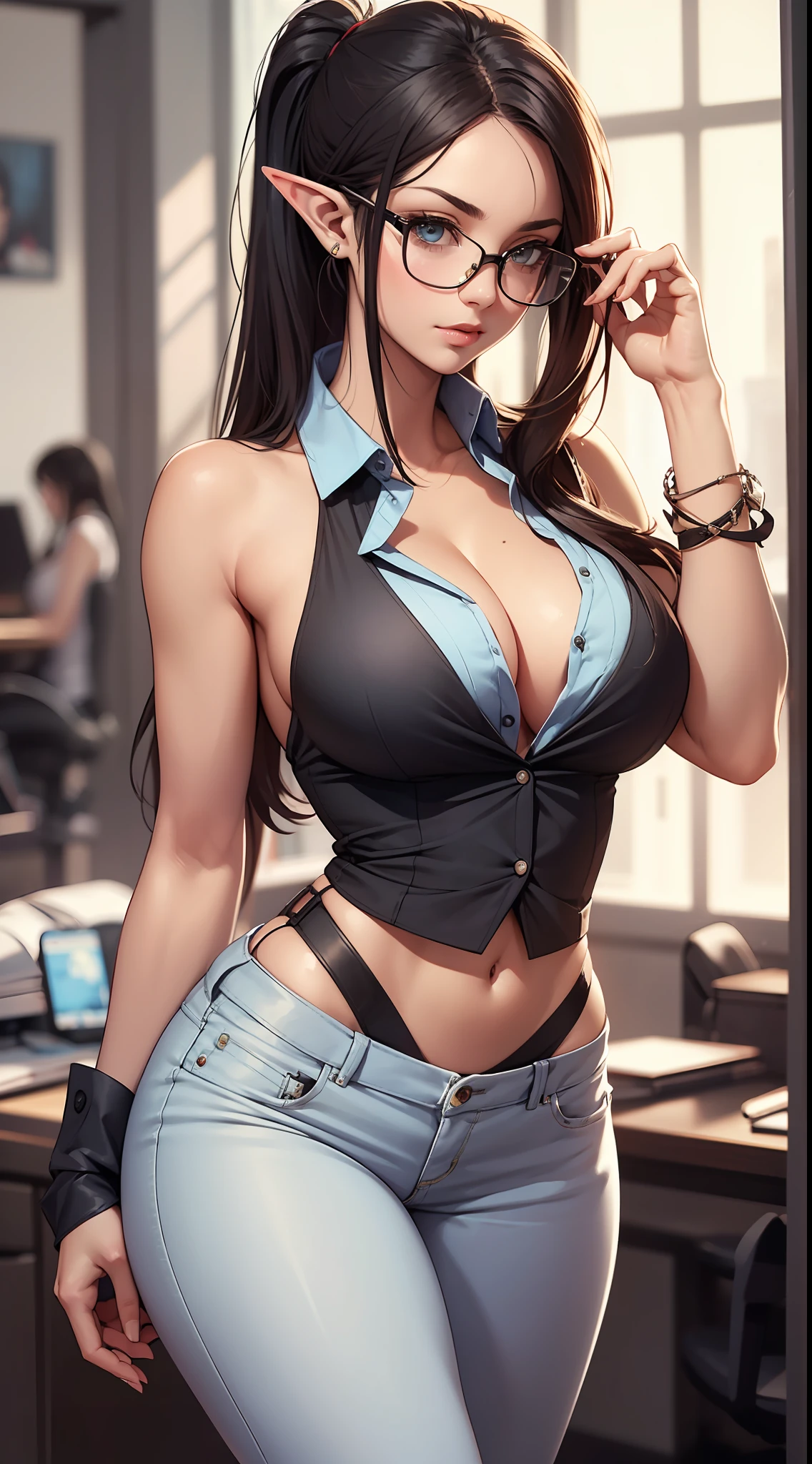 ((Best quality)), (( masterpiece)), (( realistic)), (( highly detailed)), modern elf, office, formal sleeveless shirt, glasses, black pants, long pony tail, cleavage, glasses, sexy, beautiful, tall, slender, slim, fit, muscular, stylish, rich, evil.