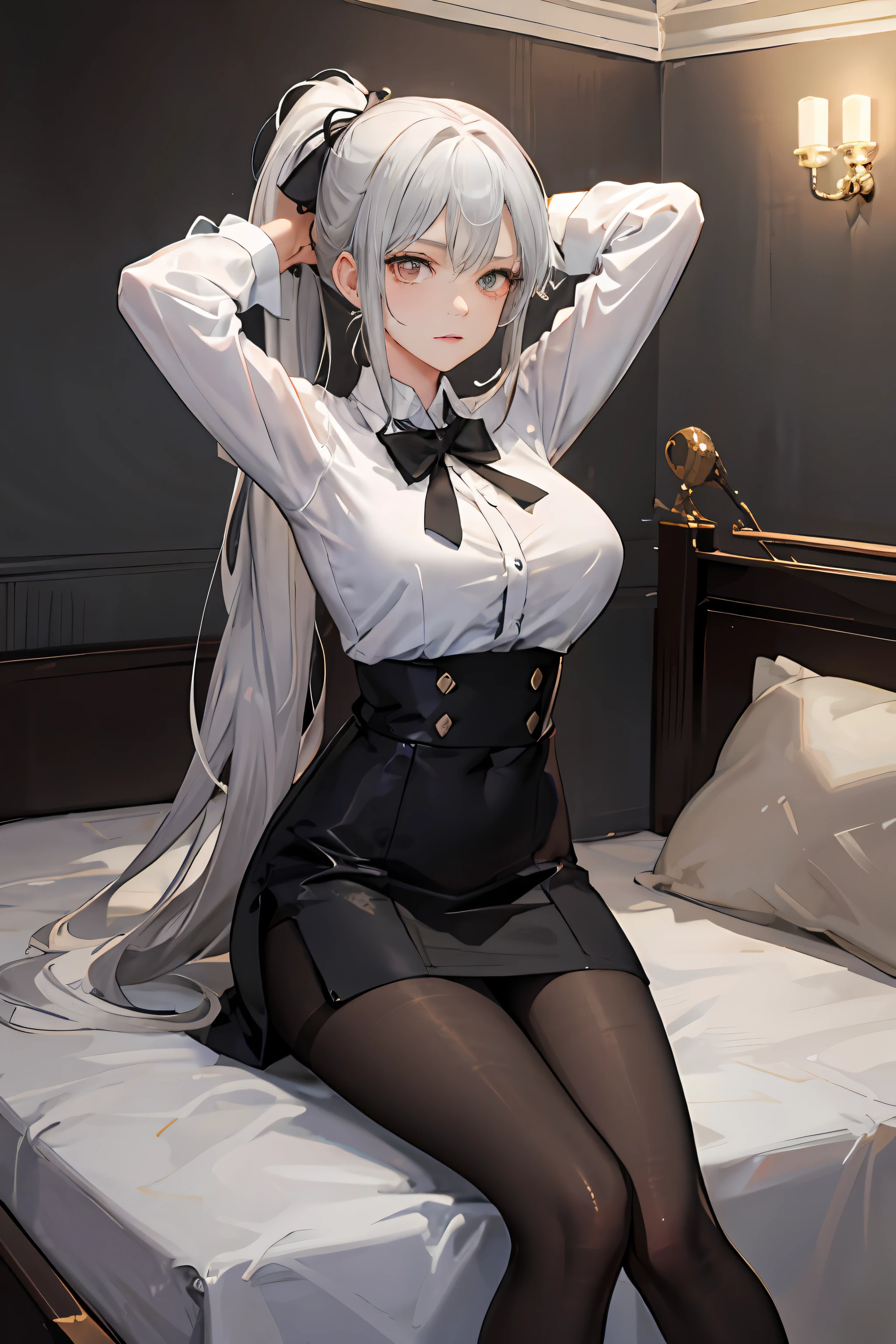 （（（1个Giant Breast Girl）），Ray traching，（dim murky lights），[detailedbackground（Bedrooms）），（（Silvery hair）），（（Silvery hair）），（（（（（Fluffy silver hair，plump and slender girl））Wears a high ponytail）））Avoid golden eyes in the ominous bedroom（（（（Girl wears white shirt，Black wrinkled skirt，Wear yours with black sheer pantyhose），It shows a delicate and slender figure and beautiful curves，Correct limbs，sit on a bed，Put your hands behind your head，Put both hands behind your head，Anterior convex and posterior