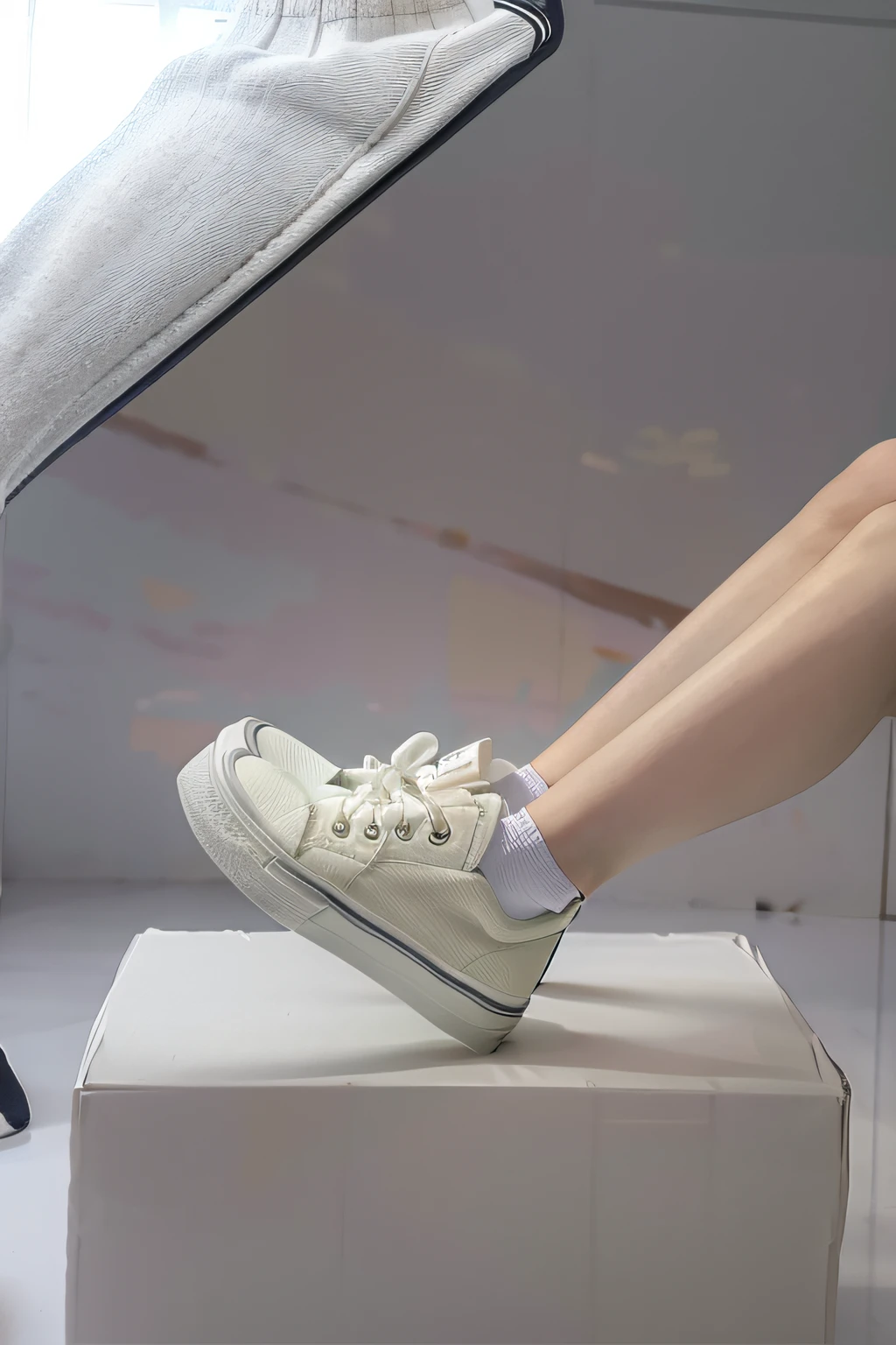 A pair of feet in white socks,Wear white canvas shoes,Place on a white cube。