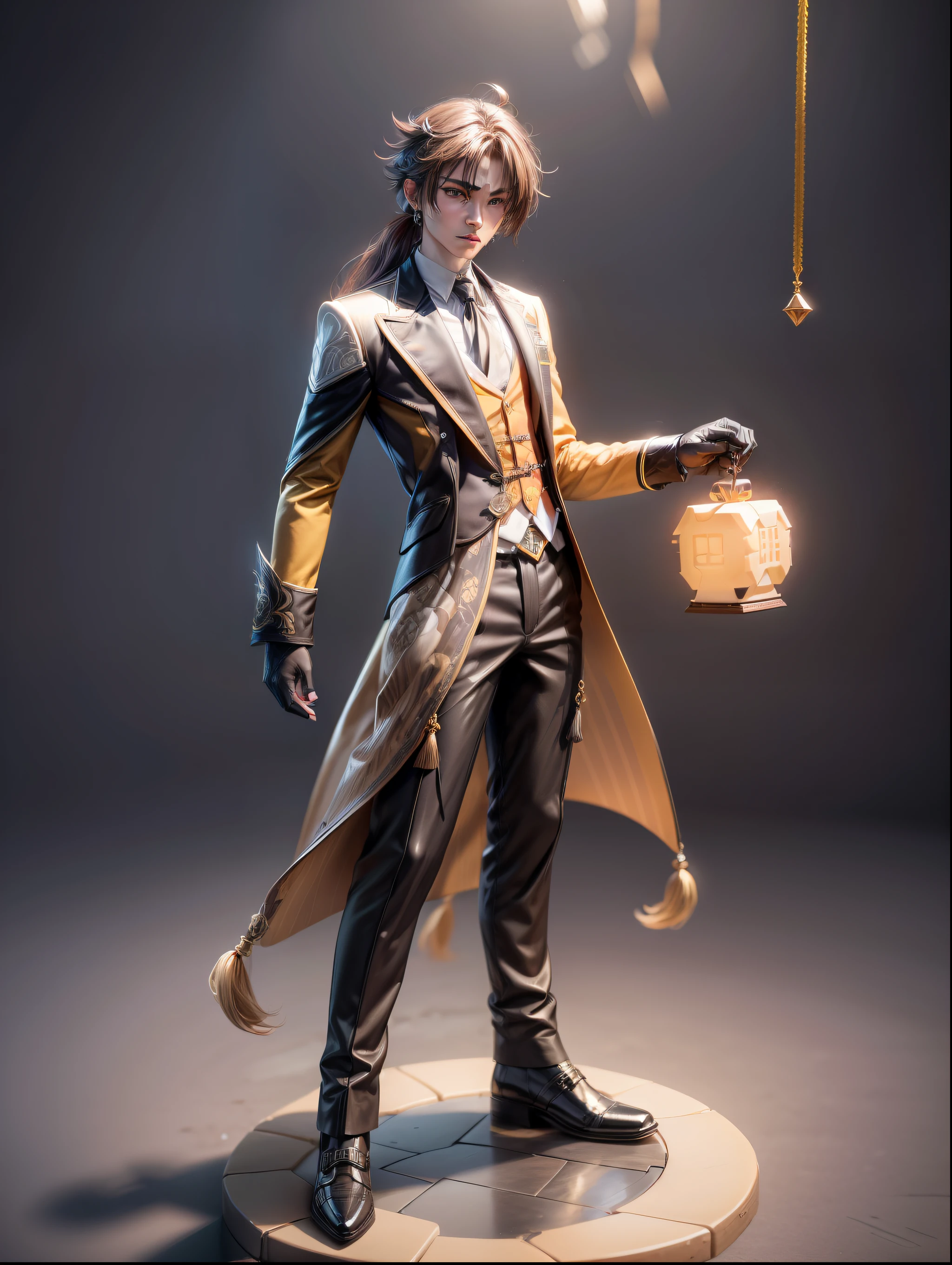 (Blind box toy style:1.2), (Full body shot) , 1 masterpiece, Best quality,Zhongli (Genshin Impact), Long hair, 1 boy solo, Brown hair, single earring, mitts, nipple tassels, bangs, Black gloves, jewelry, Tassel earrings, pony tails, hair between eye, Jacket, Long sleeves, Yellow eyes, shirt, tiese, Collared shirt, formal, , suit, floating object, Closed mouth, dreamy glow, Clean, Clean background ( Global illumination, Ray traching, hdr, unreal render,reasonable design, high detal, Masterpiece, Best quality, hyper HD, Cinematic lighting)