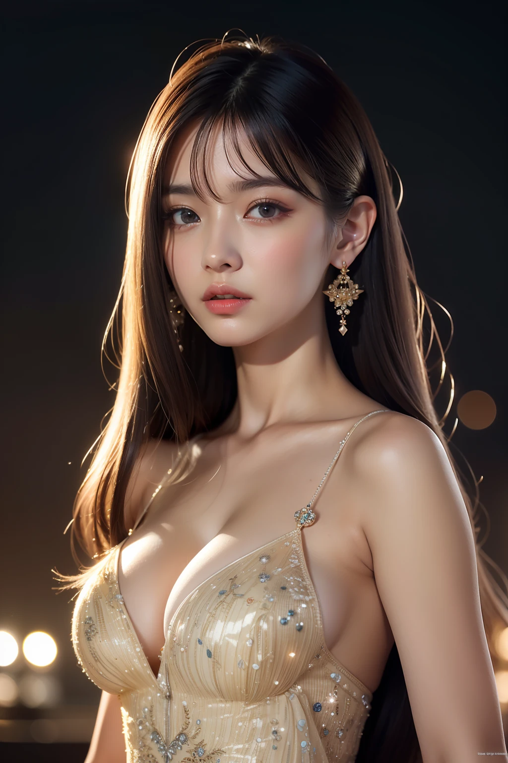 dress shirt, depth of field, night cityscape, (1girl:1.6), long hair, ulzzang-6500v1.1, (original: 1.2), (realistic: 1.3) , beautiful girl with beautiful details, extremely detailed eyes and face, eyes with beautiful details, absurd, incredibly absurd, huge file size, ultra detail, high resolution, ultra detailed, best quality, masterpiece, illustration, ultra detailed and beautiful, ultra detailed, CG, unity, 8k wallpaper, amazing, fine Detail, masterpiece, top quality, official art, extremely detailed CG unity 8k wallpaper, cinematic lighting, (perfect shiny skin:0.6), slim and smooth lines, (floating), (small breasts:1), earrings ,