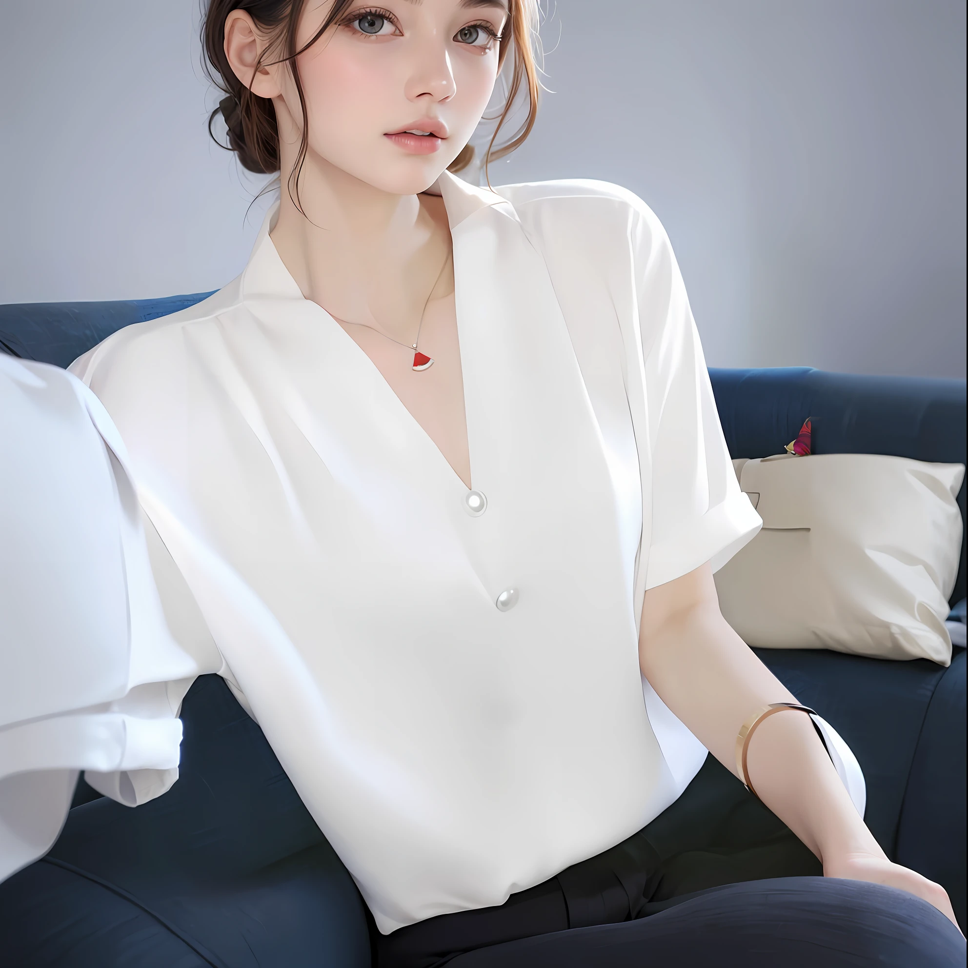 Arad woman sitting on sofa in white shirt and black dress, wearing shirt, Short sleeves, fine white shirt, White blouse, Wearing white silk, White shirt, in a white shirt, wearing shirt, Wearing a white shirt, shirt, wearing white v - neck top, In a white blouse shirt, white shirt, loose - fitting blouses