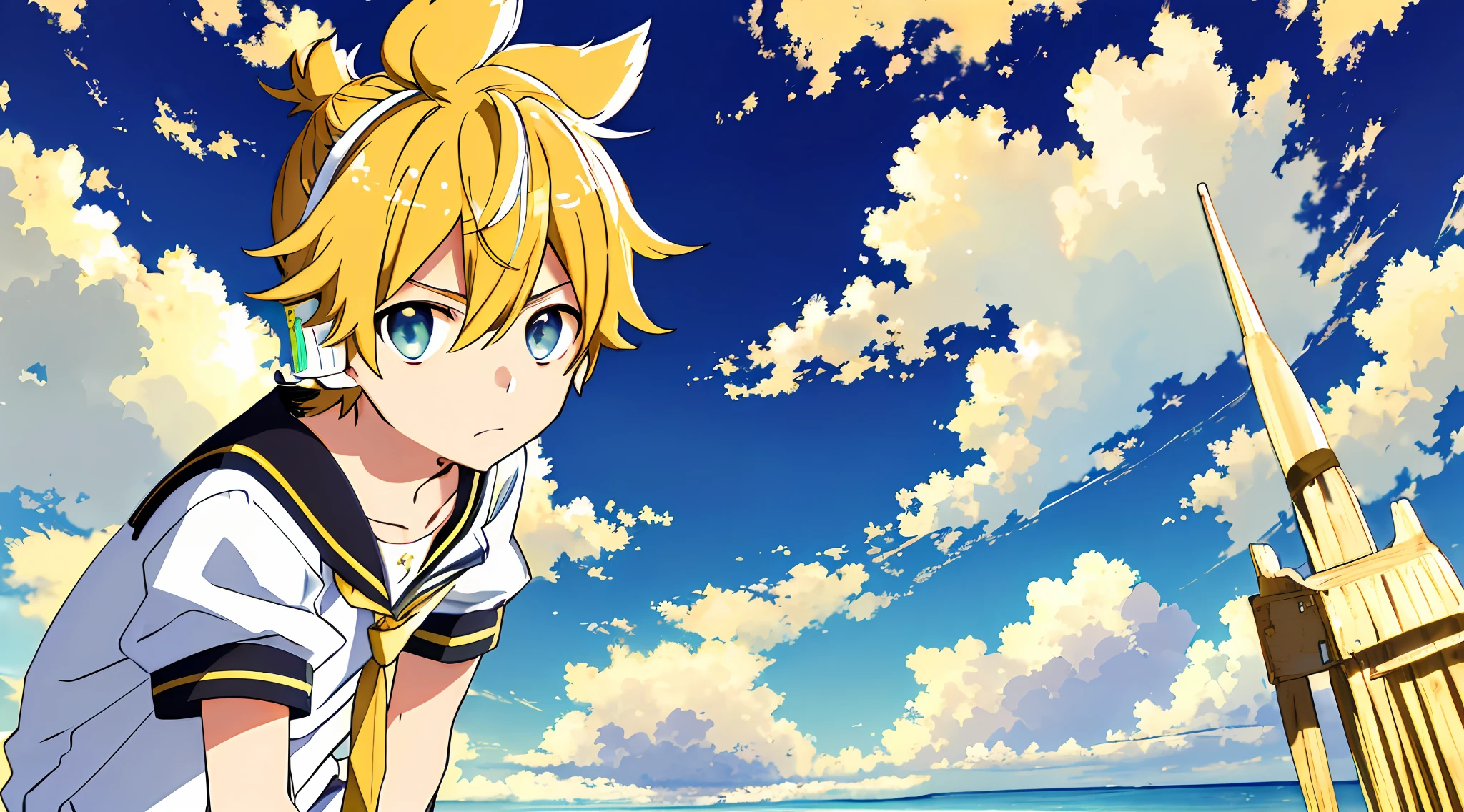 ​masterpiece、top-quality:1.2), 独奏, 1boy, Kagamine Ren, Faces that make you wonder, Condescending angle, Squatting, head phone, White shirt, Sailor collar, neck tie, shortsleeves, shortpants, blue open sky, white clouds, sand beach