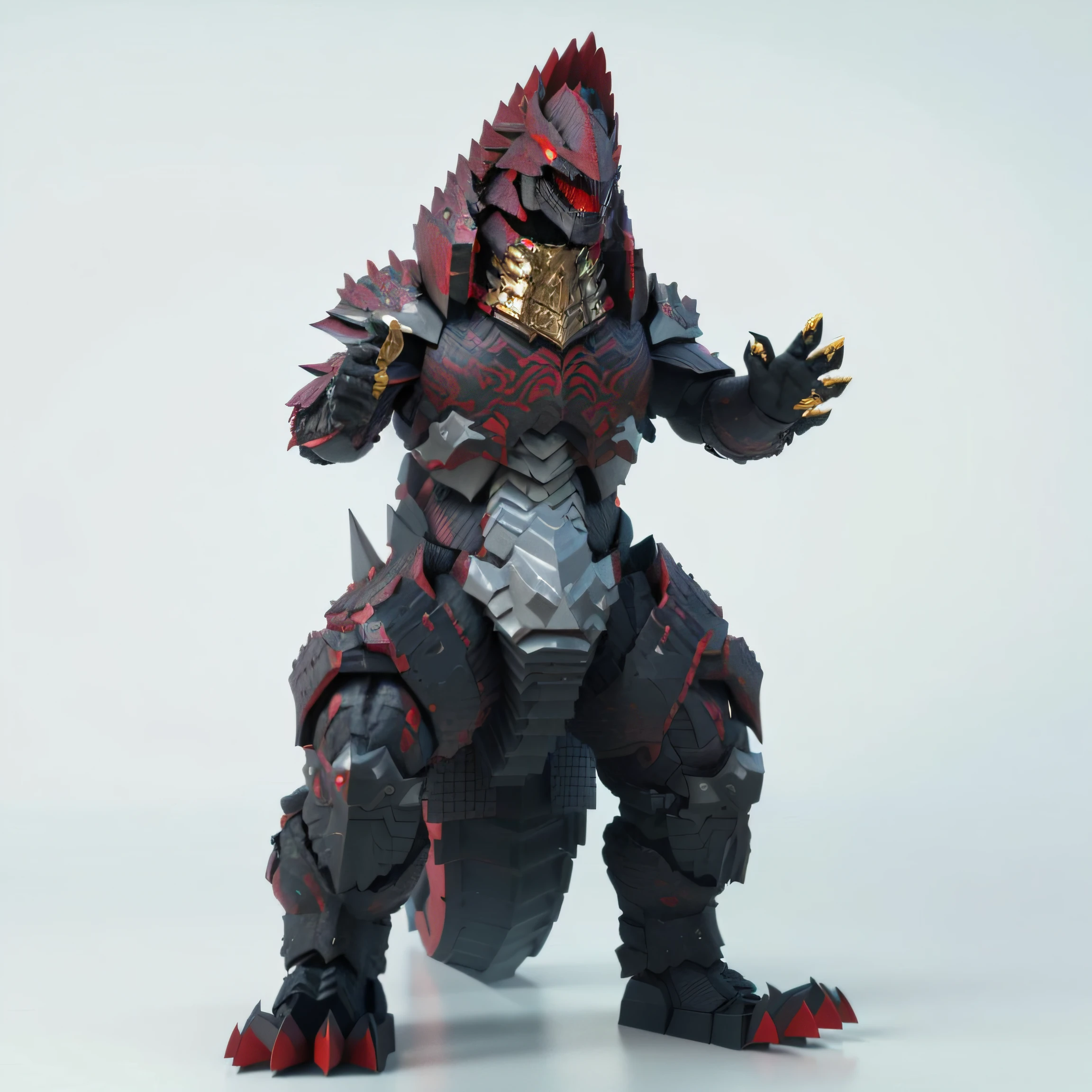 Humanoid Behemoths,，The body surface covers armor，Like a heavy fighter， red realistic 3 d render, depicted as a 3 d render, Gorzan，It has gold and black lines on the body，Angular，