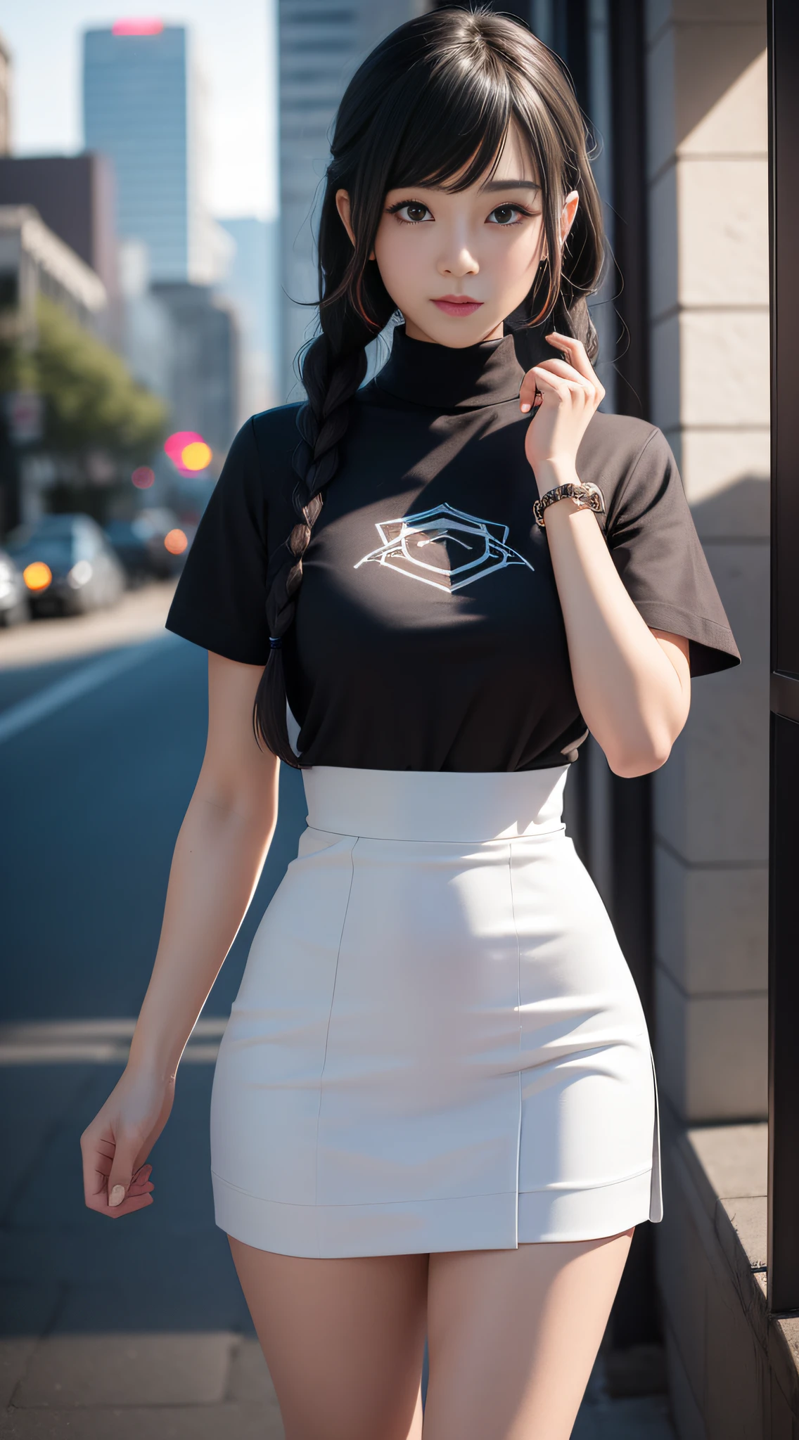 ((best qualtiy)), ((tmasterpiece)), (the detail:1.4), 3D girl, A beautiful cyberpunk female image,hdr（HighDynamicRange）,Ray traching,NVIDIA RTX,Hyper-Resolution,Unreal 5,Subsurface scattering、PBR Texture、post-proces、Anisotropy Filtering、depth of fields、maximum definition and sharpness、Many-Layer Textures、Albedo e mapas Speculares、Surface coloring、Accurate simulation of light-material interactions、perfectly proportions、rendering by octane、Two-colored light、largeaperture、Low ISO、White balance、the rule of thirds、8K raw data、1girll，City park shooting，Tilt view，full bodyesbian；1.5，Twist braids，Preppy attire，Superskirt，