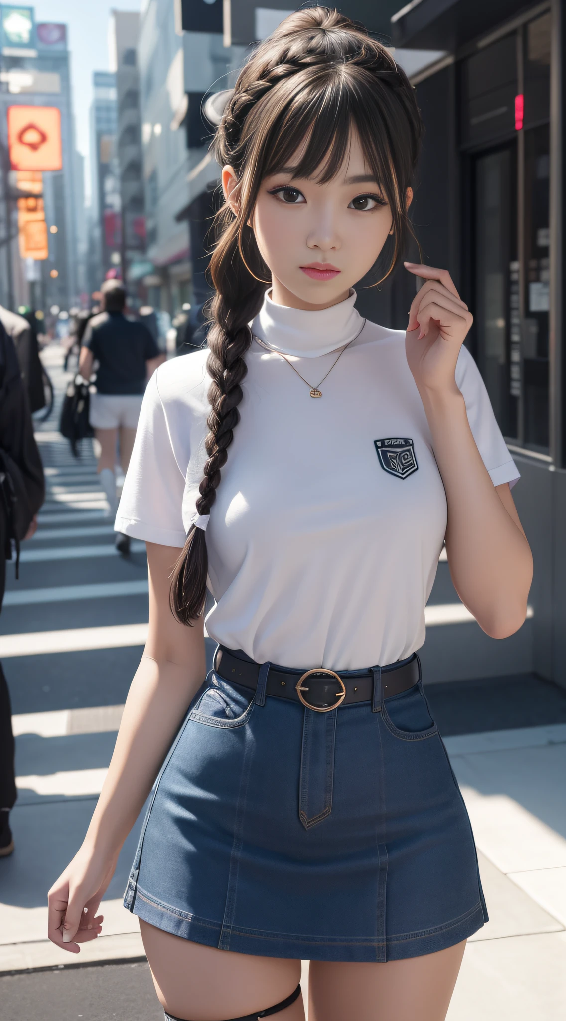 ((best qualtiy)), ((tmasterpiece)), (the detail:1.4), 3D girl, A beautiful cyberpunk female image,hdr(HighDynamicRange),Ray traching,NVIDIA RTX,Hyper-Resolution,Unreal 5,Subsurface scattering、PBR Texture、post-proces、Anisotropy Filtering、depth of fields、maximum definition and sharpness、Many-Layer Textures、Albedo e mapas Speculares、Surface coloring、Accurate simulation of light-material interactions、perfectly proportions、rendering by octane、Two-colored light、largeaperture、Low ISO、White balance、the rule of thirds、8K raw data、1girll,City park shooting,Tilt view,full bodyesbian;1.5,Twist braids,Preppy attire,Superskirt,