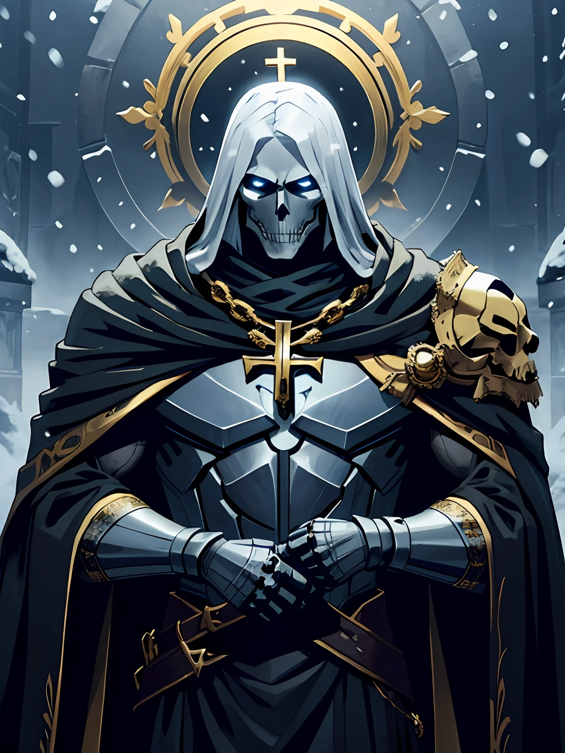 Male Dark metal skull knight with golden laurels on his Catholic head a wind of snow