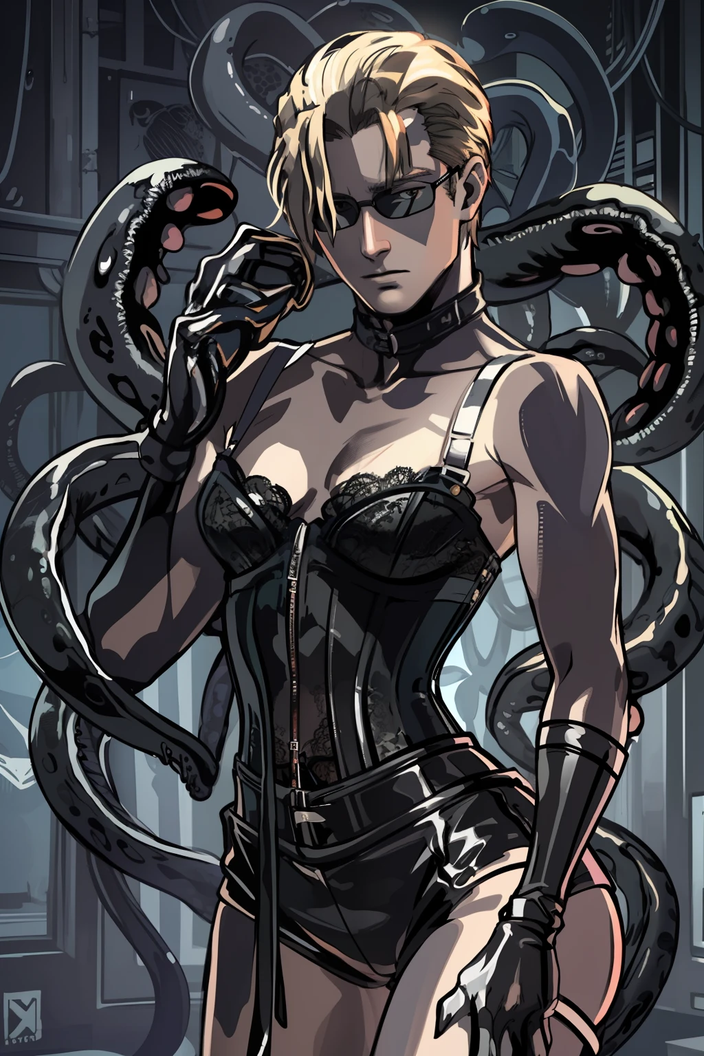 Wesker, wearing black short shorts, (wearing black lacy corset:1.3), navel, (surrounded by black slimy tentacles:1.2), simple background, high resolution, realistic, masterpiece, male, wearing stilletos, good anatomy,