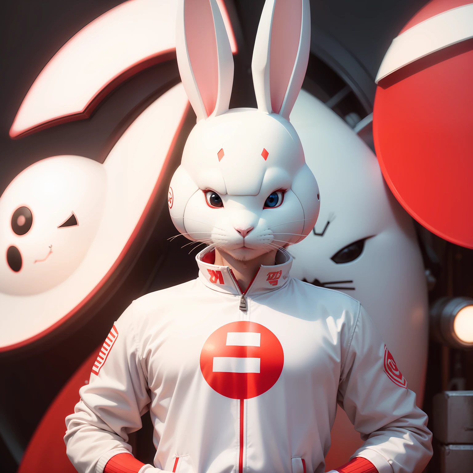 a close up of a white rabbit with a red circle in the background, bunnypunk, ryohji hase, the white rabbit, rabbit face only, frank kozik, anthropomorphic rabbit, electrixbunny, rabbit, rabbit_bunny, white rabbit, bunny head, bunny, by Urakusai Nagahide, rabbit robot, playboy bunny