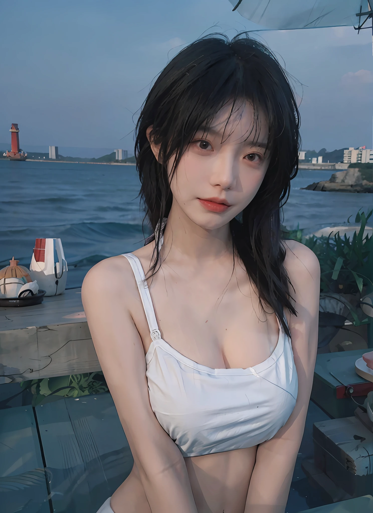 Best quality,Masterpiece,超高分辨率,(Photorealistic:1.4),1girll,Sexy,(Bikini:1.2),(Bra:1.2),(Large of breast:1.3),(Upper body:1.4),(Seaside:1.4),(Wet body),(:1.2)