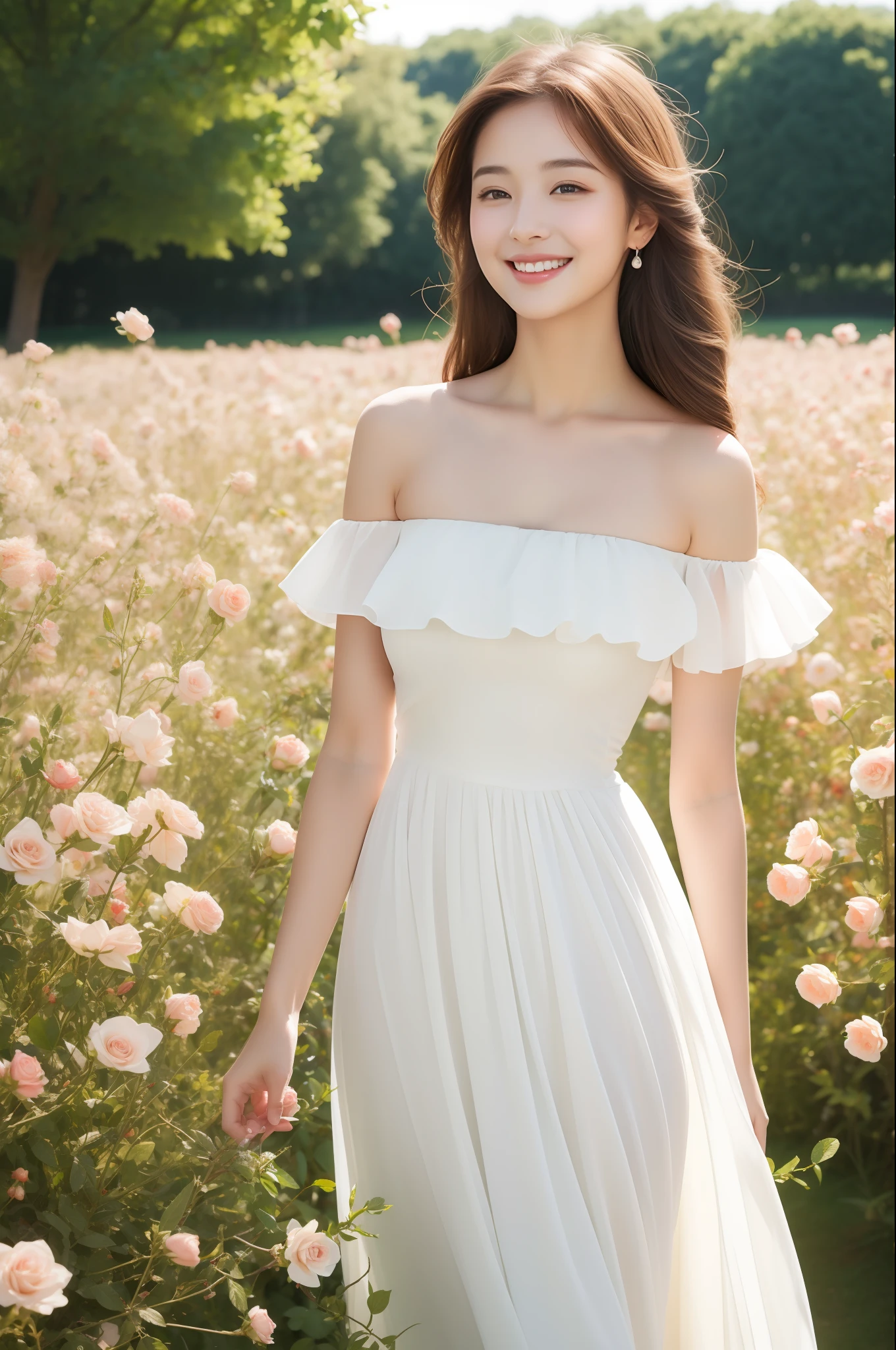 Best quality, masterpiece, ultra high res, (photorealistic:1.4), raw photo, 1girl, white dress, off shoulder, blossom rose flower field, glowing skin, light smile