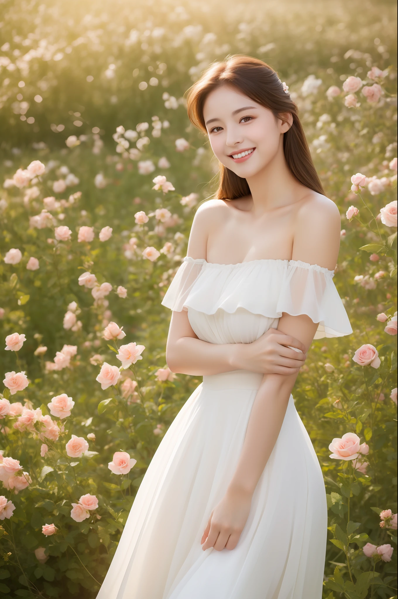 Best quality, masterpiece, ultra high res, (photorealistic:1.4), raw photo, 1girl, white dress, off shoulder, blossom rose flower field, glowing skin, light smile