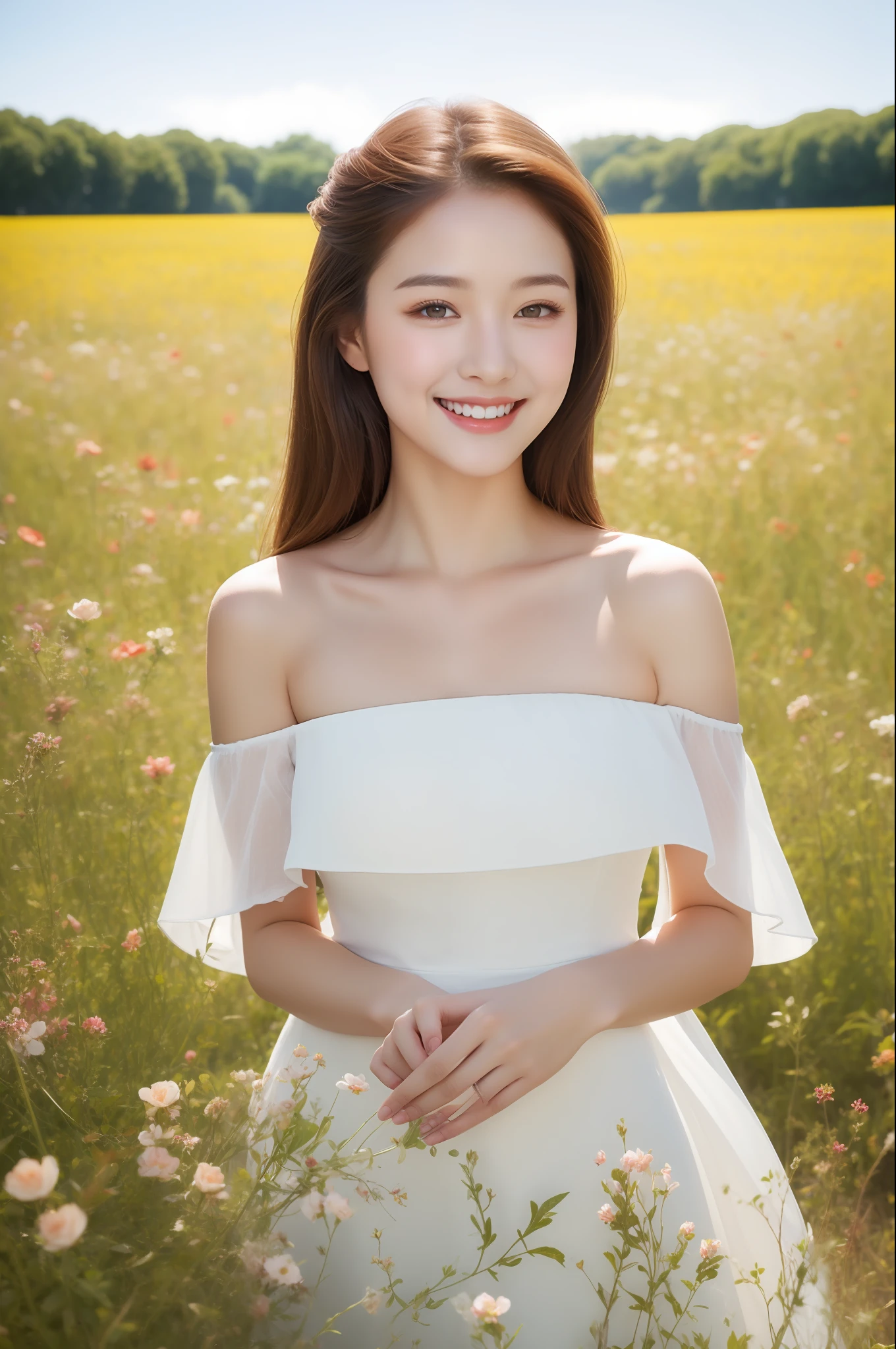 Best quality, masterpiece, ultra high res, (photorealistic:1.4), raw photo, 1girl, white dress, off shoulder, blossom rose flower field, glowing skin, light smile