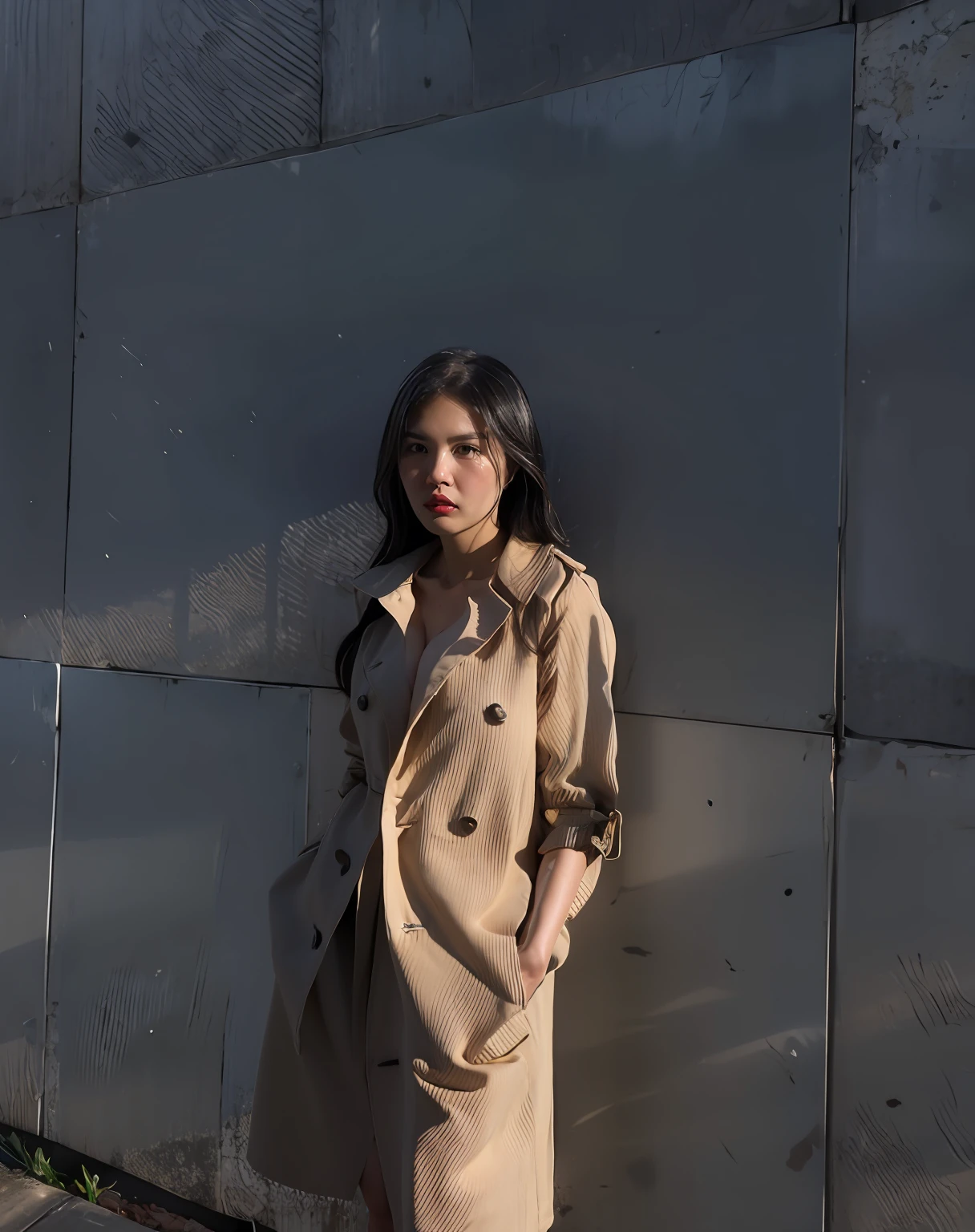 arafed woman standing against a wall wearing a trench coat, captured on iphone, cindy avelino, wearing off - white style, casual pose, taken at golden hour, shot at golden hour, shot with iphone 1 0, shot on leica sl2, shot with sigma f / 4. 2, (golden hour), ( golden hour )
