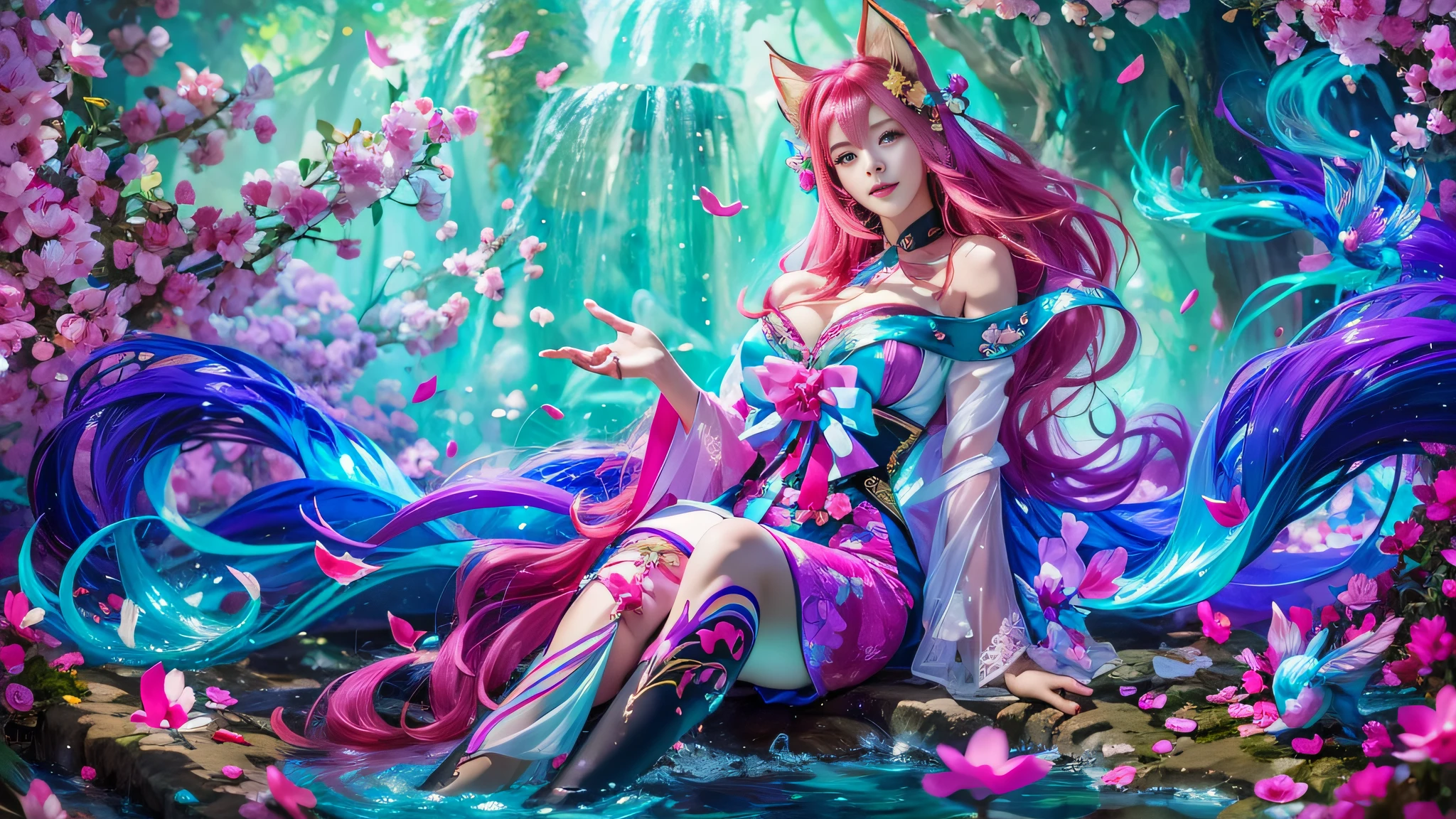 Anime girl sitting in pool with pink hair, ahri, seraphine ahri kda, portrait of ahri, style league of legends, Anime fantasy artwork, ahri from league of legend, Fantasy art style, League of Legends character, Epic fantasy art style HD, Works of masters,Best image quality,Higher quality,high detal,超高分辨率,8K分辨率,exquisite facial features,s the perfect face,Glowing skin,photorealestic,Real Human