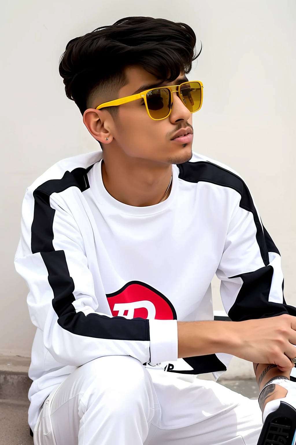 arafed man with sunglasses sitting on a step with his skateboard, with sunglass, outlive streetwear collection, mid shot portrait, mohamed chahin style, casual streetwear, streetwear fashion, casual photography, white sleeves, wearing off - white style, white trendy clothes, with a cool pose, high quality portrait, modeling shoot, fresh modern look, ramil sunga
