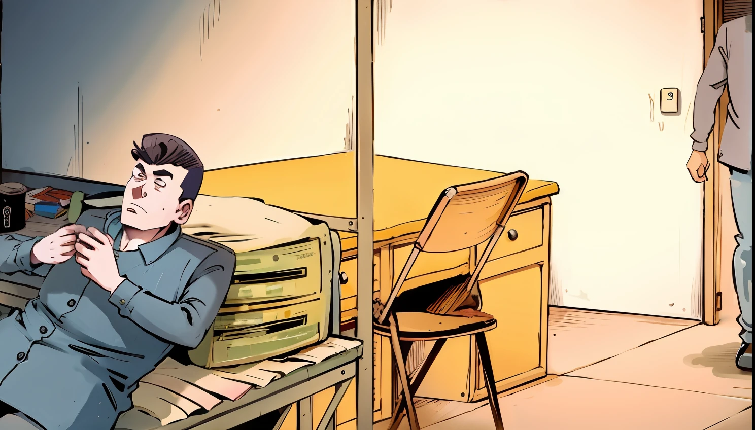 There was a man sitting on a bed in the room, animated movie still, animated movie still, cell shaded adult animation, cinematics, animated still, film still from an cartoon, full-colour illustration, animation still screencap, video still, animated still, rotoscoped, film still from an cartoon, opening scene, in a small prison cell, Sitting at your desk