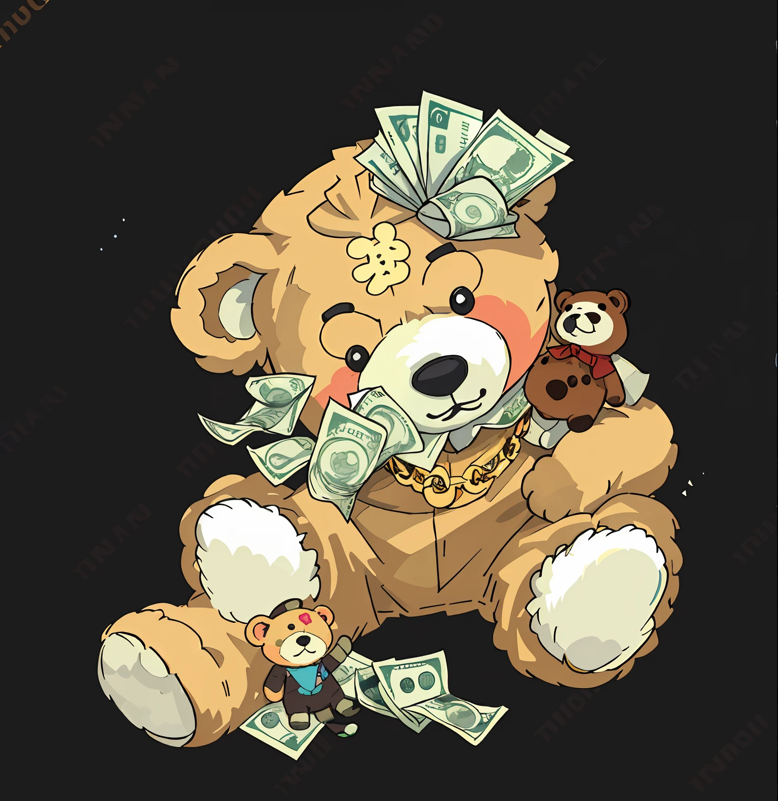 There is a teddy bear with money on his head, toy bear, teddy fresh, plushies, plushies, hd illustration, laying teddy bear, Rap shines, Teddy bear with gun, Thug life, funny illustration, portrait of anthropomorphic bear, Highly detailed illustration.”, high detailed cartoon, wealthy, by artist, Cartoon style illustration