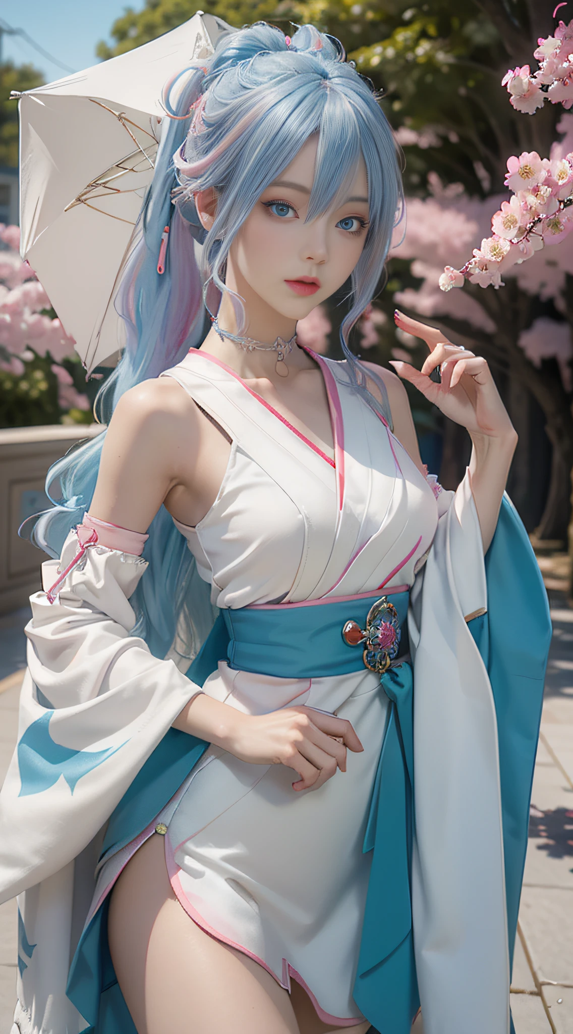 Anime girl with white hair, Blue eyes and red umbrella，White-haired god，Kushat Krenz key art feminization，Onmyoji detailed art，onmyoji portrait，best anime 4k Konachang wallpapers，Detailed digital anime art，Anime goddess，High detail official artwork，detailed anime art，onmyoji，portrait of a female anime hero，long leges，chibiStyle，loli face，The beauty of the cold is touching，(((colorfulhair)))，((half blue, half pink hair))，(Perfect eye painting)，eyes with brightness，choker necklace，耳Nipple Ring，Delicate mouth，Delicate nose，Delicate makeup，Braided ponytail hair，Red lips，(Purple eyes)。perfect body figure，(Streamer Girl)，Yellow T-shirt，Delicate tassels，expressioness，Ribbons，is shy，Efeito de Luz，downy，white backgrounid，Ultra-clear，HD picture，full-body portraits，frontage，having fun，（Hand held fan），the cherry trees，