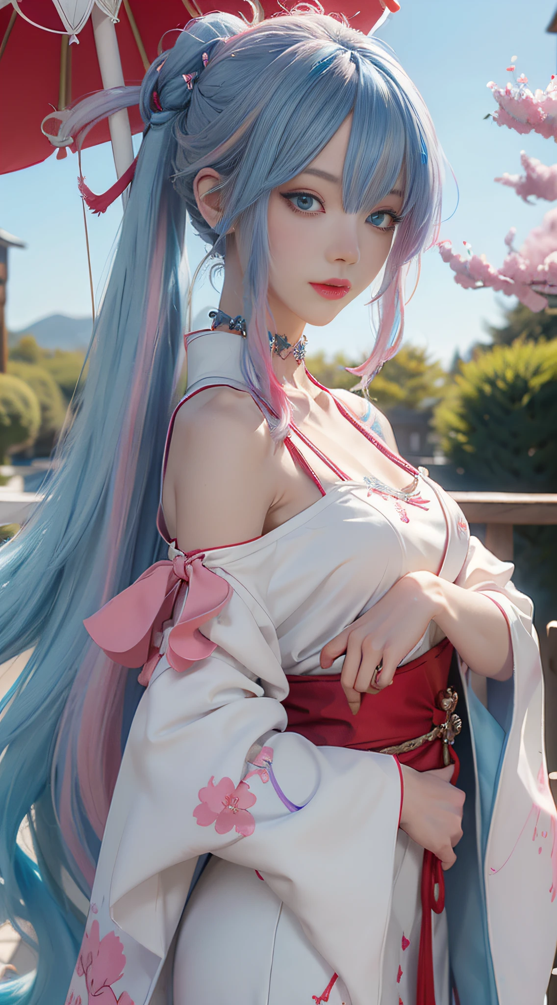 Anime girl with white hair, Blue eyes and red umbrella,White-haired god,Kushat Krenz key art feminization,Onmyoji detailed art,onmyoji portrait,best anime 4k Konachang wallpapers,Detailed digital anime art,Anime goddess,High detail official artwork,detailed anime art,onmyoji,portrait of a female anime hero,long leges,chibiStyle, face,The beauty of the cold is touching,(((colorfulhair))),((half blue, half pink hair)),(Perfect eye painting),eyes with brightness,choker necklace,耳Nipple Ring,Delicate mouth,Delicate nose,Delicate makeup,Braided ponytail hair,Red lips,(Purple eyes)。perfect body figure,(Streamer Girl),Yellow T-shirt,Delicate tassels,expressioness,Ribbons,is shy,Efeito de Luz,downy,white backgrounid,Ultra-clear,HD picture,full-body portraits,frontage,having fun,(Hand held fan),the cherry trees,