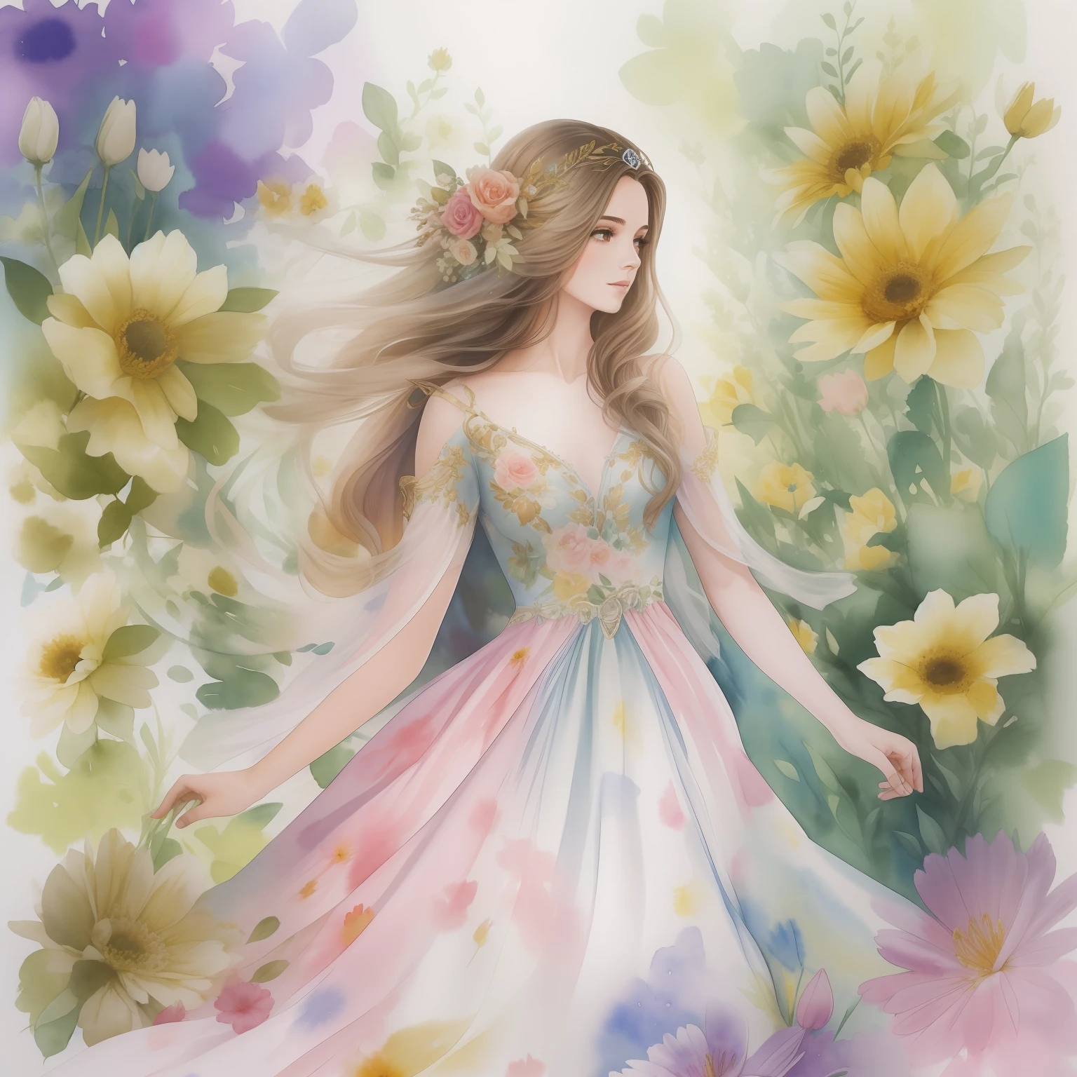 Uma pintura em aquarela de mulher de    longos cabelos  castanhos em um vestido de princesa  cercada por flores