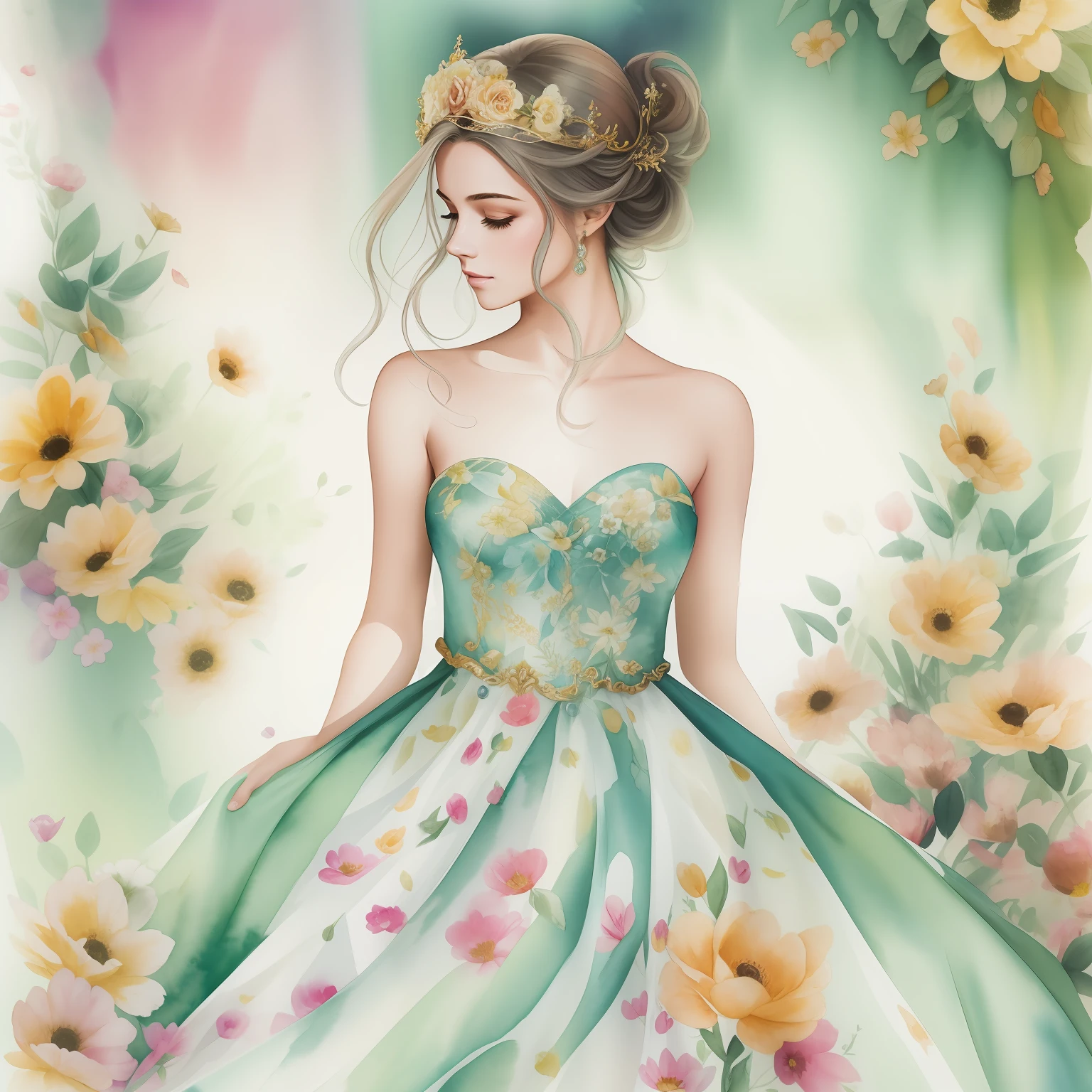 Uma pintura em aquarela de mulher de    longos cabelos  castanhos em um vestido de princesa  cercada por flores