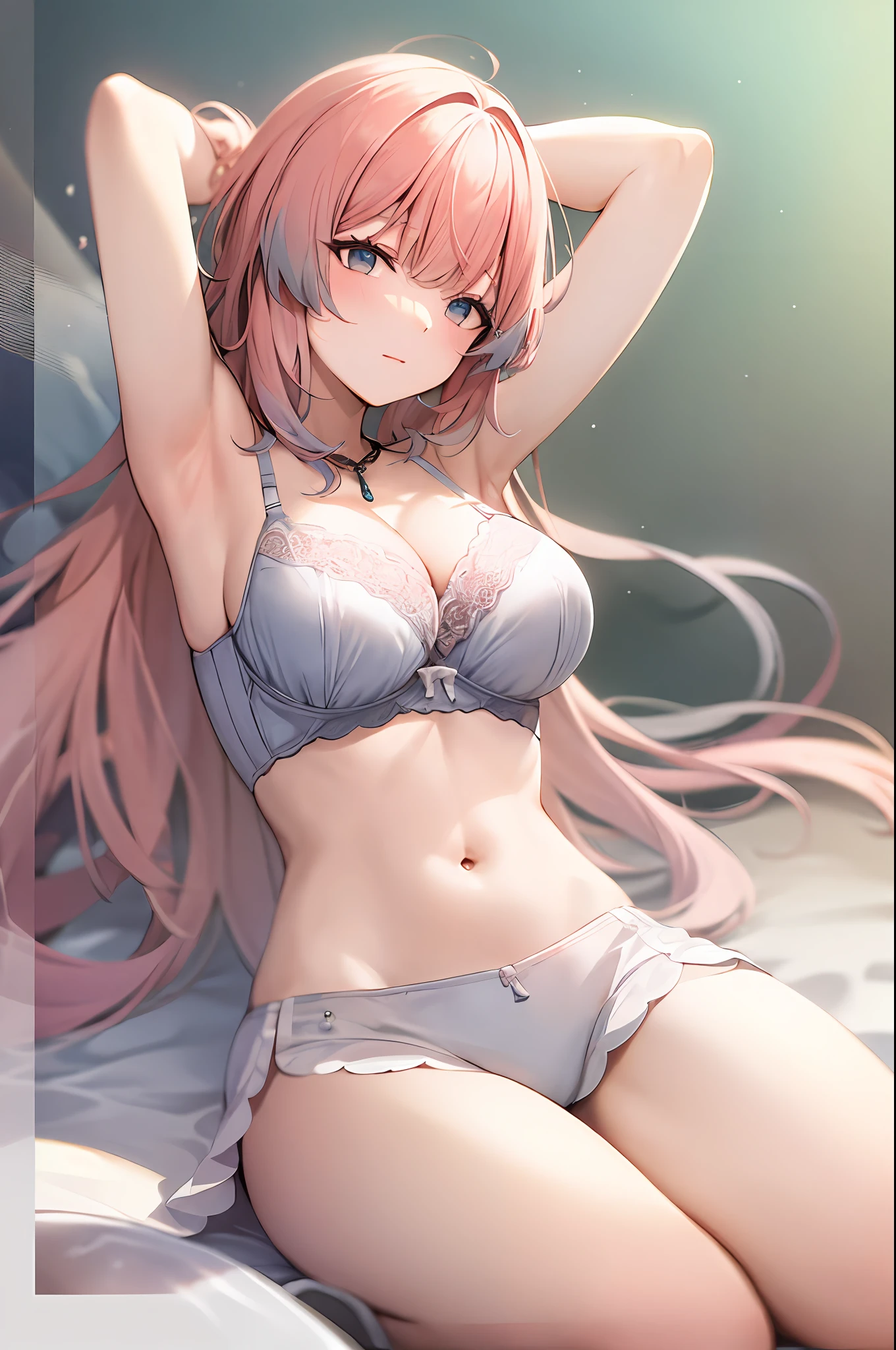 Best quality, pink hair, large breasts, cleavage, navel, t-shirt, ((bra)),clothes lift, skirt, lying, full Body, perfect body ,sitting, armpit