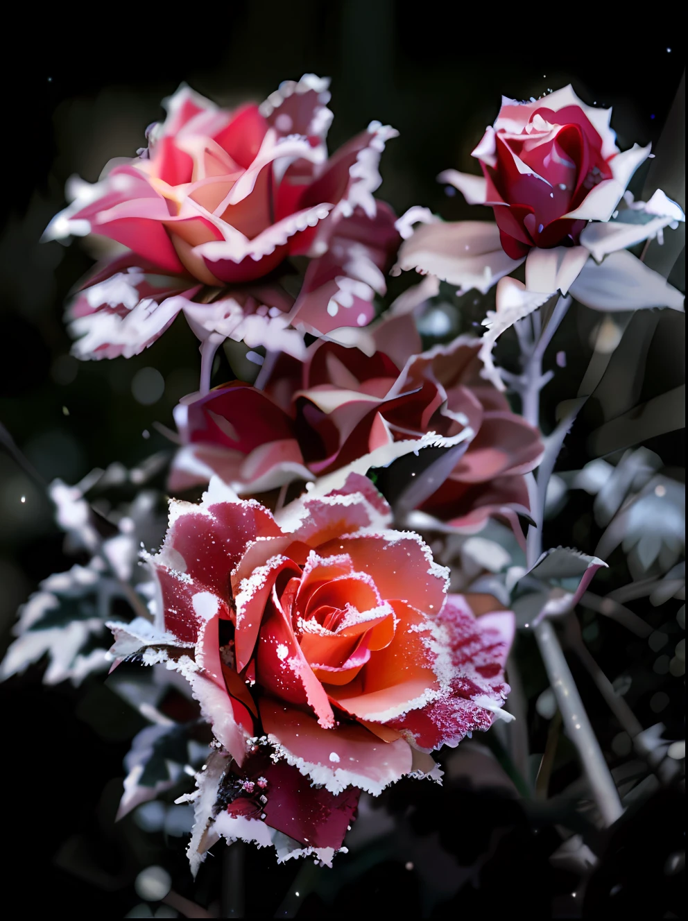 nevando,Frost Red Rose, Frosted roses, , dark flowers,vintagestyle, cinematic details,Exquisite graphics,Professional lighting