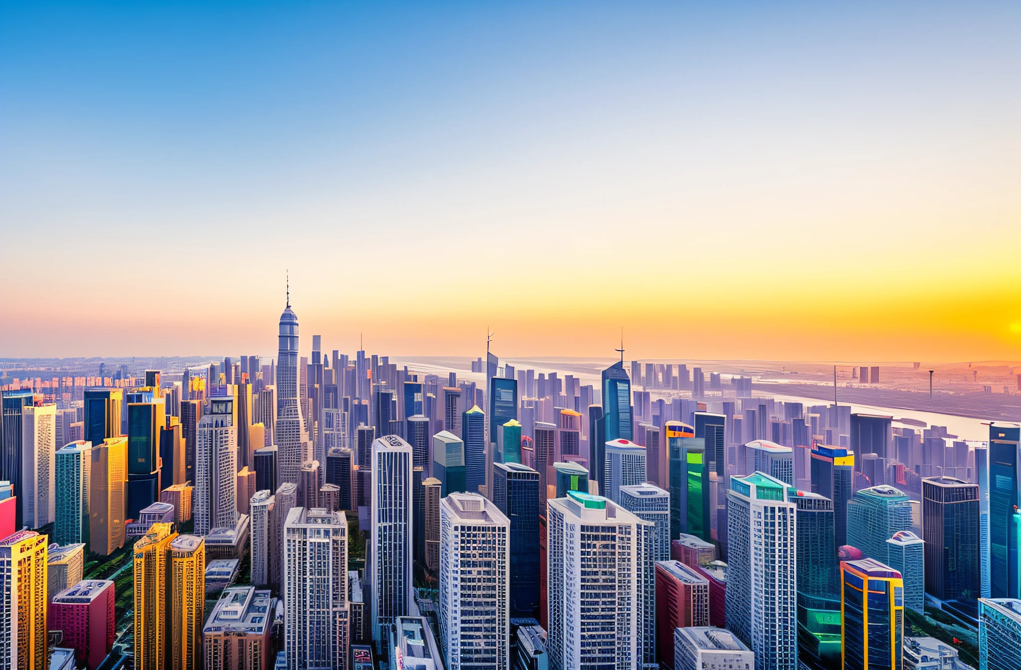 A frenetic view of the big city with its high-rise buildings,shenzhen,golden hour in beijing,Beautiful cityscape,city twilight landscape,twilight city on the background,super wide view of a cityscape,busy cityscape,beijing,Beautiful city,vista of a city at sunset,C4D of approx. 3840 x 2160 pixels。