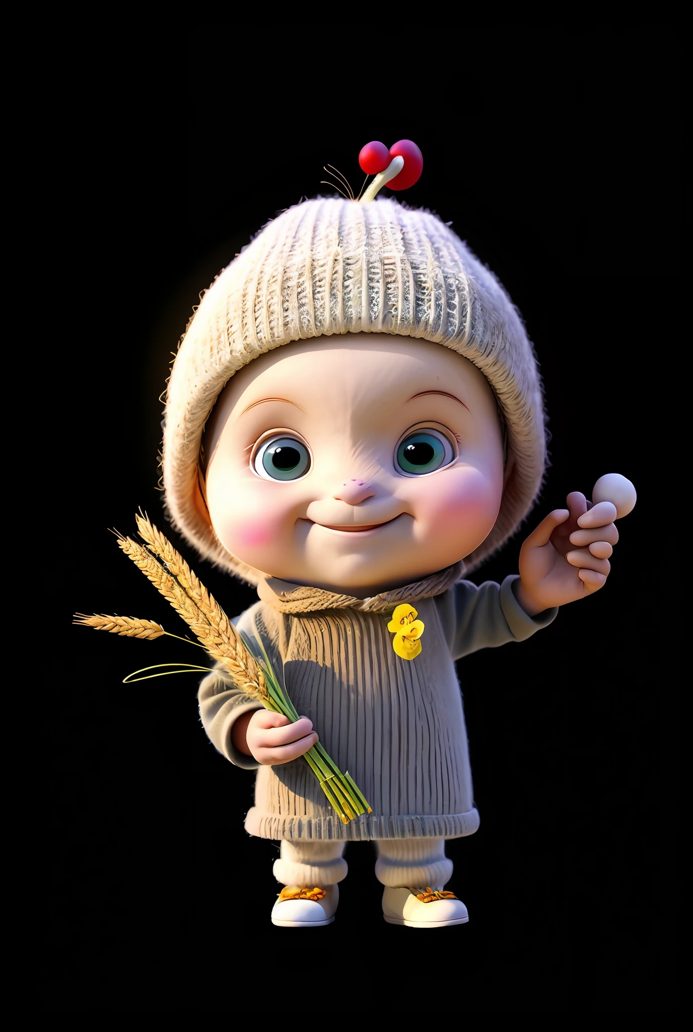 A cartoon character of a  holding a bouquet of wheat, onion man portrait, onion man, 🍁 Cute, 🐿🍸🍋, human onion hybrid, telegraph stickers, cereal mascot, farmer, negao, Danbru, telegraph stickers design, kewpie mayonnaise, japanesse farmer, turnip hair, cute character, 3d，elated gaunt onion head