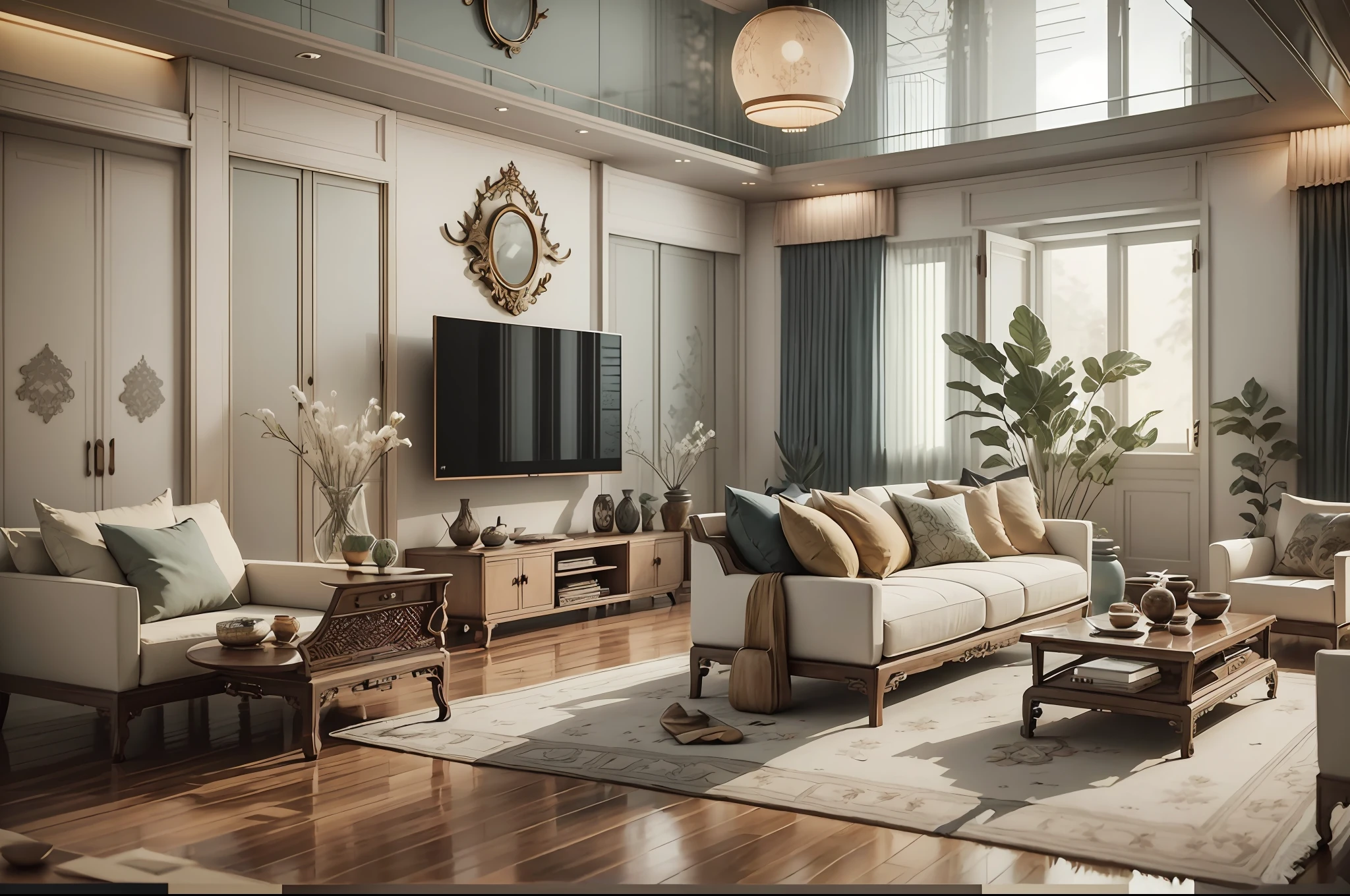 Interior design living room floor plan，Southeast Asian style decoration，HD display，a 3D render、cozy indoor lighting、ultra - detailed、cinematic ligh，morning，There are furniture and windows，8K --auto --s2