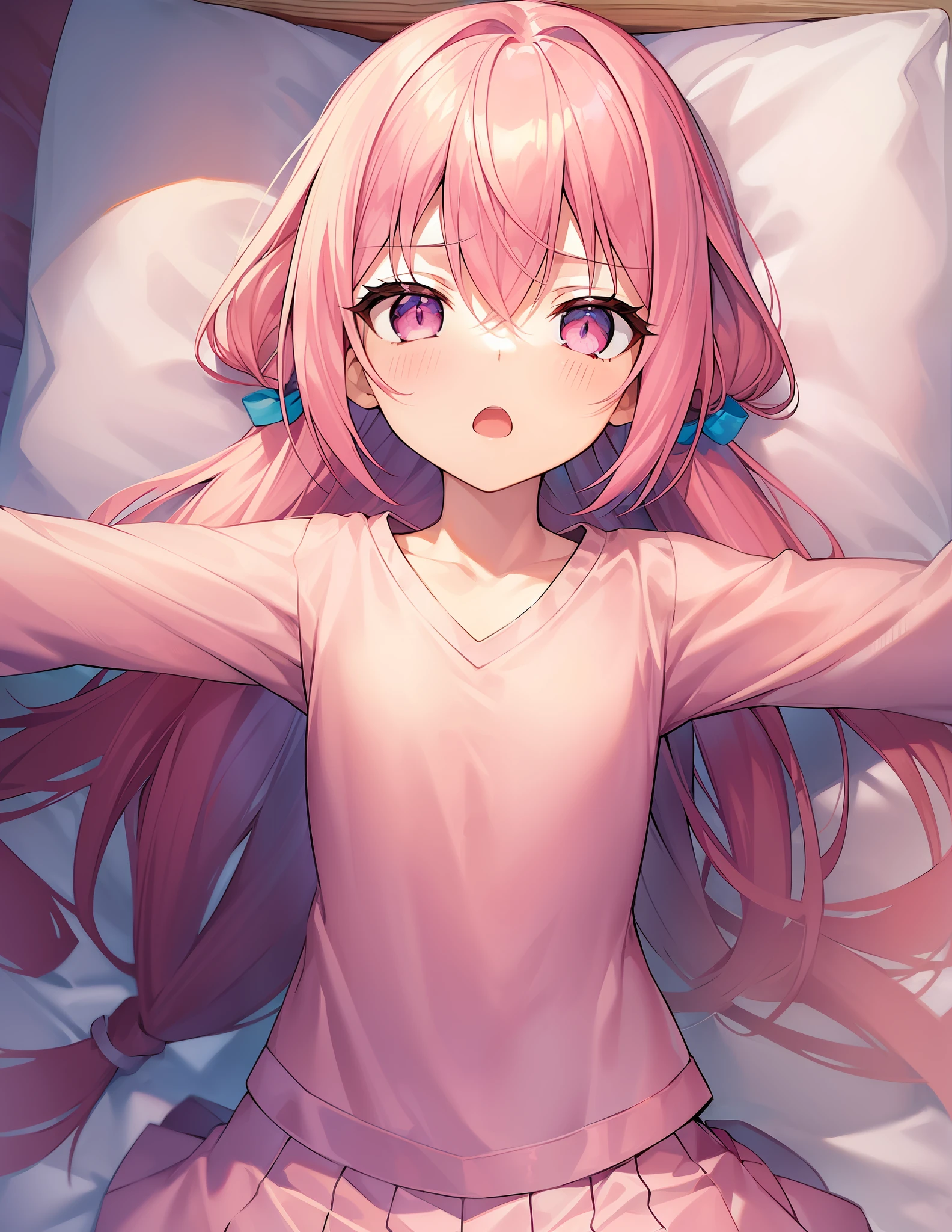 1girl in. Pink hair.Long hair.{Lori}.Short stature.tiny chest.white t-shirts.Skirt. (((masutepiece))).(((Best Quality))).)((Ultra-detailed))).(((Illustration))). (((Spread your arms))).(((a bed))).PILLOWS.Despair face.Opening Mouth.I open my eyes.Evening glow.