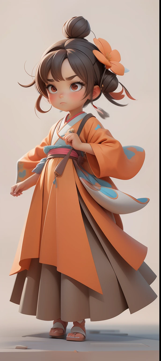 a Super cute girl，Brown coiled hair，Wearing a hairpin flower on his head，Confused expression，wearing a hanfu，full bodyesbian，Fantastic and cute Popmart blind box，IP design，Clean bright background 3D rendering，oc rendered，8K，soft focus，Fine glossy super detail --ar 3：6 50 --q 2 --niji 5 --Style expression --s 2