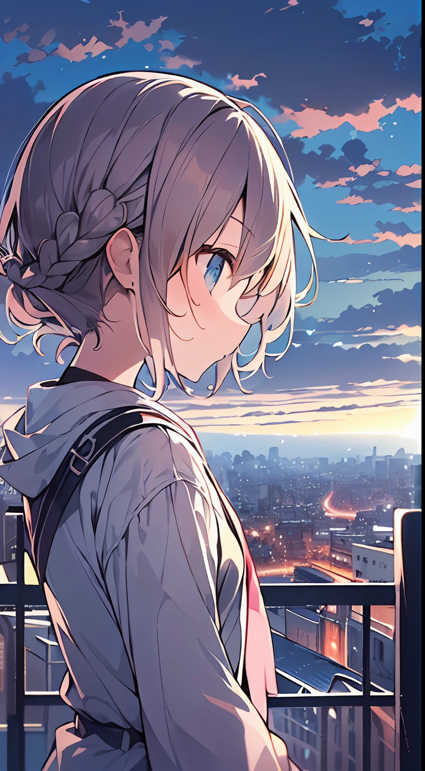 masutepiece, Best Quality,Illustration, Wallpaper, Ultra Detail, absurderes, 1loli, Solo, (Medium short hair、short braided hair), Beautiful detailed eyes , (Street), luminous sky,(a panoramic view:1.3),(Sense of depth:1.5),(longshot:1.3)