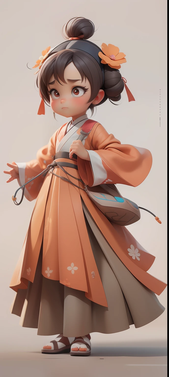 a Super cute girl,Brown coiled hair,Wearing a hairpin flower on his head,Confused expression,wearing a hanfu,full bodyesbian,Fantastic and cute Popmart blind box,IP design,Clean bright background 3D rendering,oc rendered,8K,soft focus,Fine glossy super detail --ar 3:6 50 --q 2 --niji 5 --Style expression --s 2
