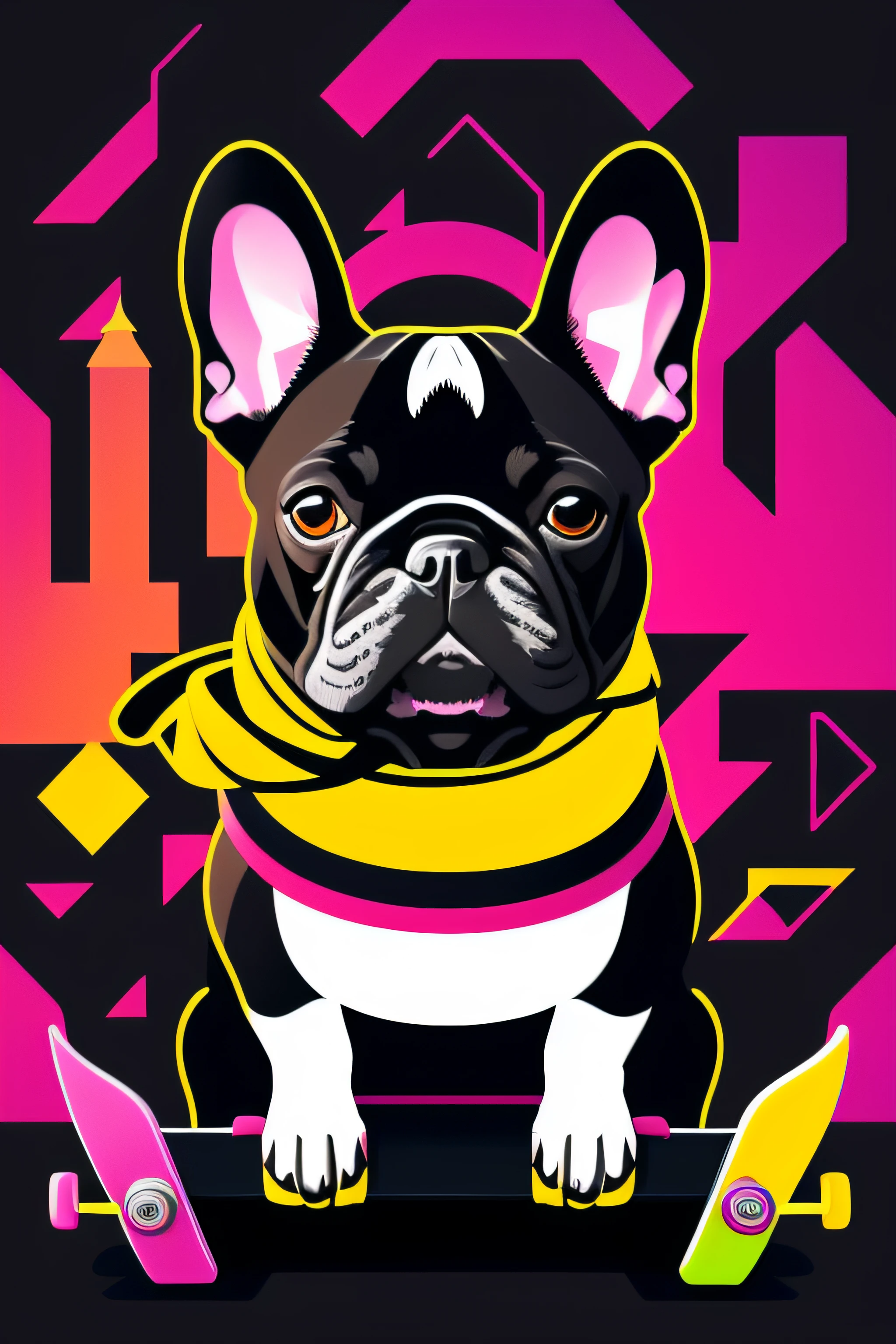 graphic design t-shirt, flat design , french bulldog riding a skateboard, urban city background, colorful hues, highly detailed clean, vector image, photorealistic masterpiece, professional photography, flat black background, isometric, bright vector((black background))