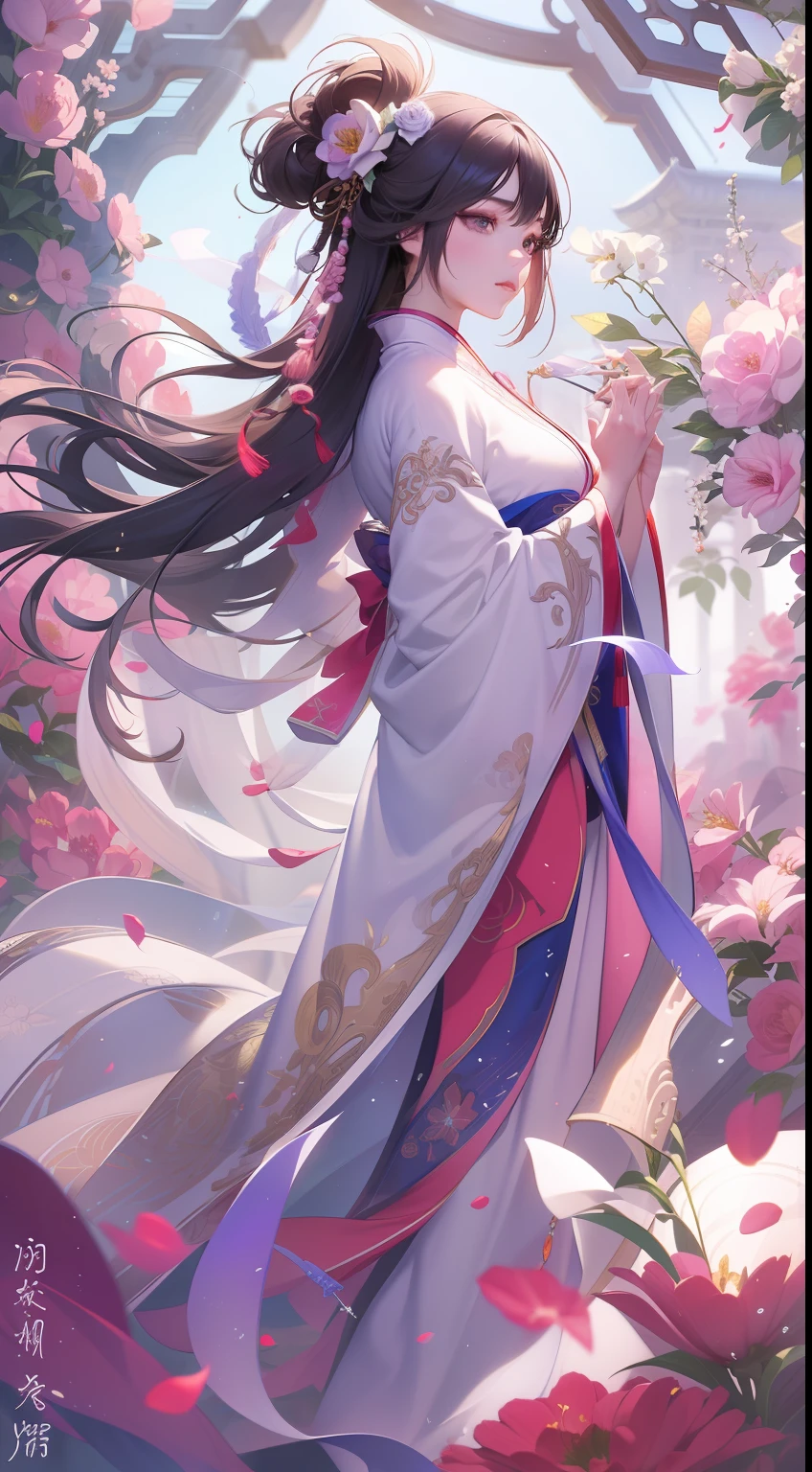 NSFW, Super High Quality, Masterpiece, Perfect Illustration, Extreme Details (Delicate Light and Shadow, Highly Dramatic Picture,)Zhong Hua, 1 Girl, Solo, Hanfu, Ancient_Chinese_architecture, Flower Field, Flowers, (White Smoke:1.3) (Realistic:1.4), Zen Entanglement, Mandala, Tangled, Official Art, Unity 8k wallpaper, super detailed, beautiful and beautiful, masterpiece, best quality, (Dynamic angle: 1.4), glowing skin, (Floating colorful flashes: 1) The most beautiful chaotic forms, elegant, brutalist design, bright colors, romantic depth of field exotic_dance, half_naked