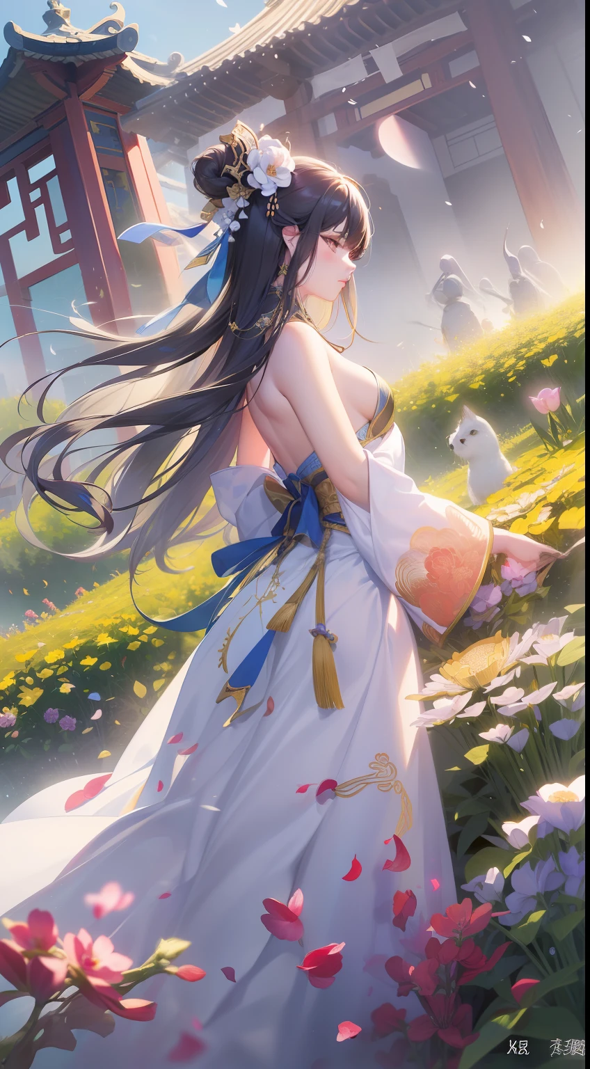 NSFW, Super High Quality, Masterpiece, Perfect Illustration, Extreme Details (Delicate Light and Shadow, Highly Dramatic Picture,)Zhong Hua, 1 Girl, Solo, Hanfu, Ancient_Chinese_architecture, Flower Field, Flowers, (White Smoke:1.3) (Realistic:1.4), Zen Entanglement, Mandala, Tangled, Official Art, Unity 8k wallpaper, super detailed, beautiful and beautiful, masterpiece, best quality, (Dynamic angle: 1.4), glowing skin, (Floating colorful flashes: 1) The most beautiful chaotic forms, elegant, brutalist design, bright colors, romantic depth of field exotic_dance, half_naked