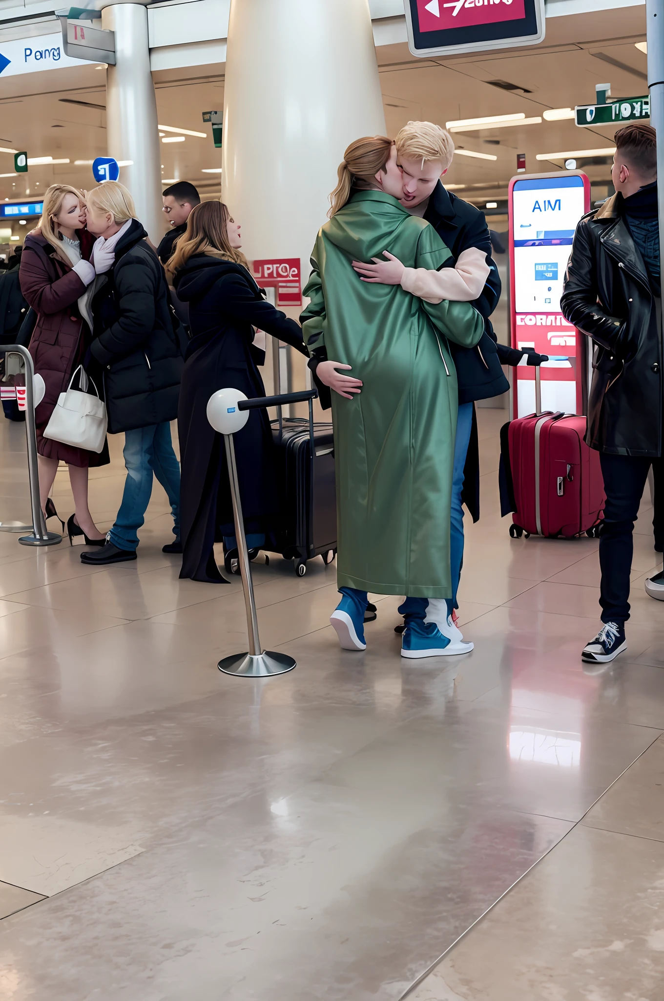 people are standing in line at an airport with luggage, there is an attractively madeup middleaged woman in a laquered coat passionately kissing a young blond man in blue jeans and a t-shirt and in an airport hall, a longhaired middleaged woman is wearing a long green high-shine laquered downcoat, her back is to us, an orgasmic moaning middleaged woman in a high-shine coat is passionately kissing her blond shorthaired boyfriend, arm around her body, hugging, erotic pose, dramatic love pose, screaming passion, hugging her, kissing him, orgasm, loving views, they are in love, hugging, beautiful surroundings, private moment, face obscured, candid shot, photoshoot, uhd candid photo of dirty, photo shoot, couple, beautiful scene, hugging his knees, dsrl photo, instagram picture, reylo kissing, picture, 😭🤮 💔, stood in a supermarket, she is wearing a wet coat, 🤬 🤮 💕 🎀