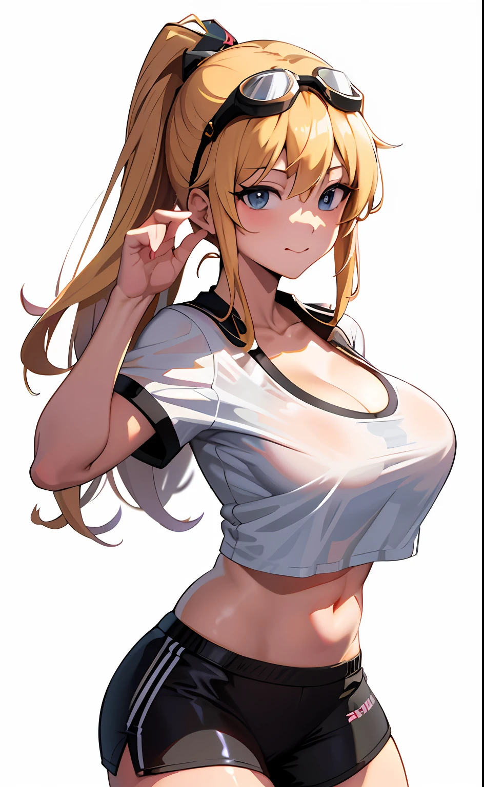 Topless shirt posing for photo with anime girl wearing goggles, Seductive Anime Girl, Anime Girl, (Anime Girl), charming anime girls, blonde anime girl with long hair, digital anime art!!, anime moe art style, Kantai Collection Style, digital anime art, a female anime character, Anime Waifu, digital anime illustration, Anime Girls, Ecchi anime style