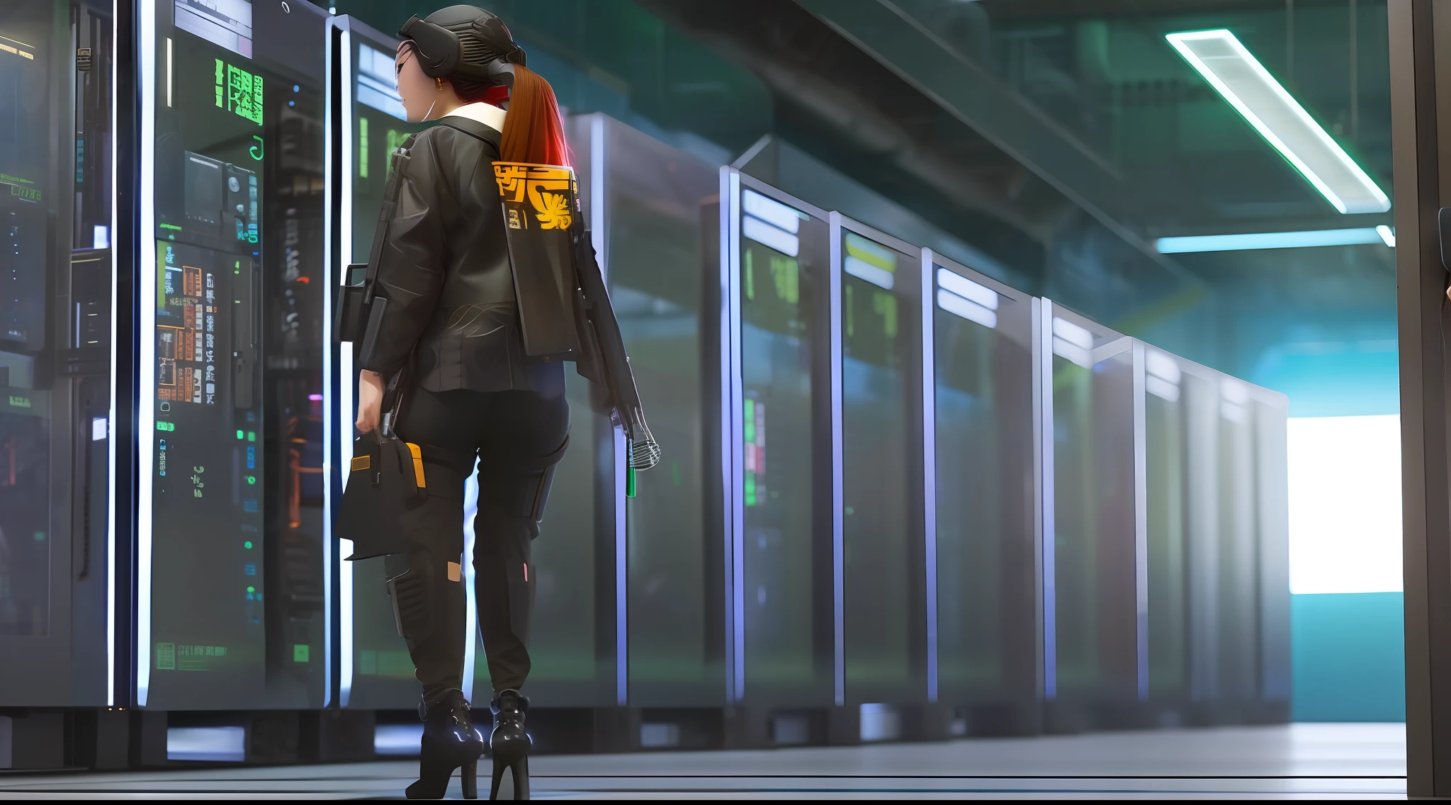 Tall、A long-legged female hacker infiltrates the company，In the black server room，Wearing a half-mask，Carrying a rucksack。She sits next to the server，Laptop in hand，The server is connected with a data cable，Data is being stolen。