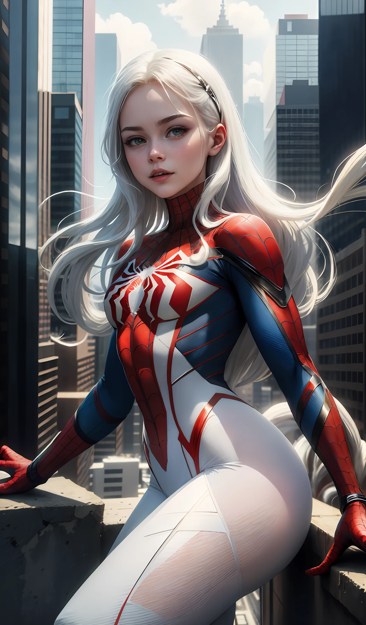 4k, realistic, carismatic, very detail, there is a girl on top city, wearing spiderman costum, she is a spiderman, white super hero theme, white long hair, 25 years old, full body