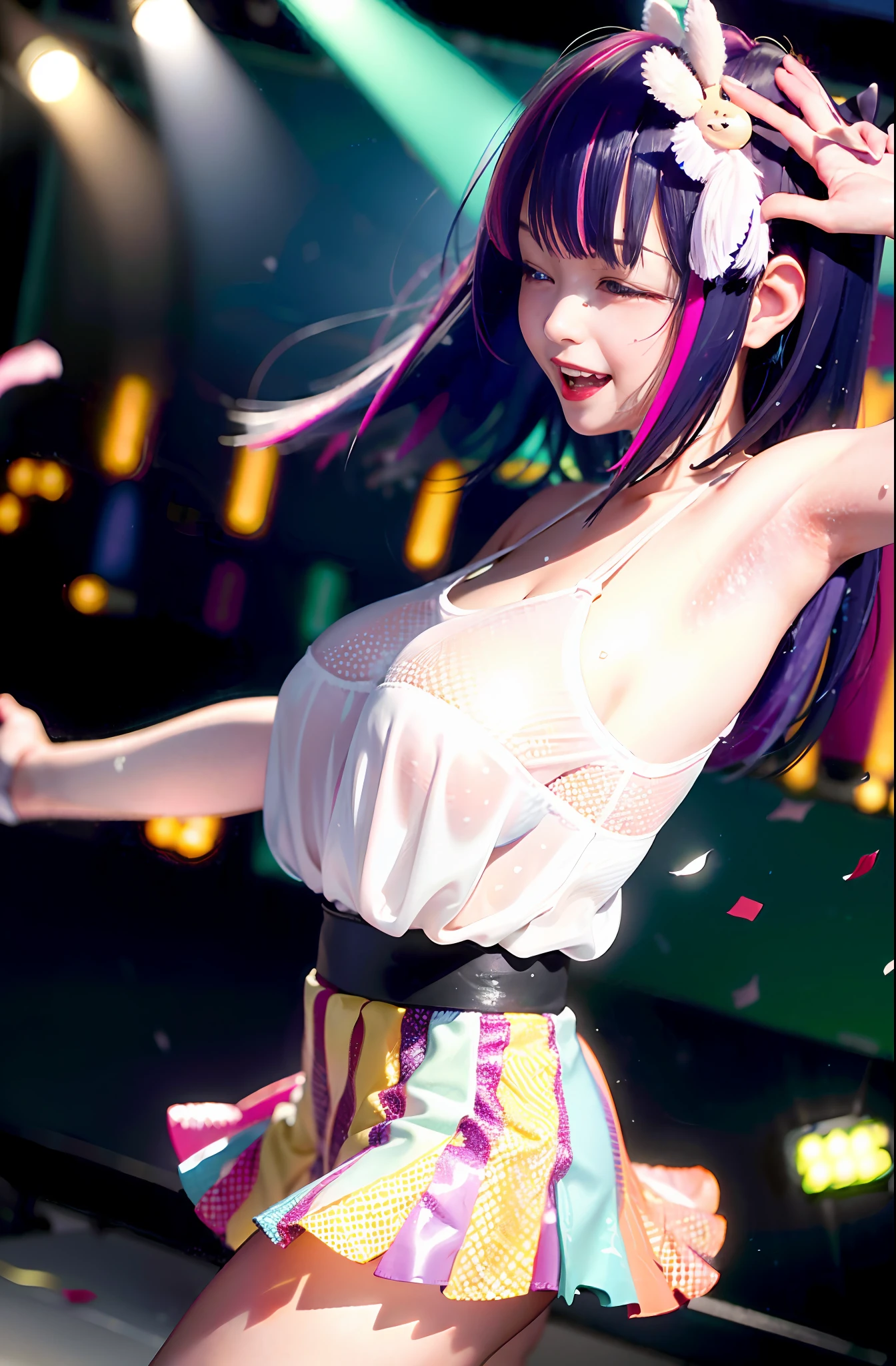 absurderes, A high resolution,
BREAK
looking at viewer, Cowboy shot, (From the front side:1.5)
Break
(vibrant with colors:1.3)
Break
(One girl:1.3), (:1.2), (Ai Hoshino:1.4), (Purple hair, Striped hair:1.5), (Purple eyes:1.5), (Happy smile:1.7), holding a mic, (Singing, One arm up, One eye closed, lifting her feet:1.3), Twisting waist, (Shiny eyes:1.3), (Upturned eyes, Happy smile:1.2), Star-shaped pupils, hair pin, Earrings, jewelry, nm1, Short hair, (mitts:1.2), (frilld, Pink shirt:1.2), Arms up, dress pull, roaring twenties, Sleeveless, shirt, heartthrob, pupils in symbol shapes, Hands up, (White fluid on the body:1.4), (Thighs:1.3), (Huge breasts, cleavage:1.3), (Face focus:1.2), Open mouth, (breast enhancement:1.3), Round eyes, (Blowing in the wind:0.5), (Sweating around girls, Dripping sweat:1.3), squall (Wind:1.2), Sense of speed, refreshingbreeze, motion blur effect, wind
BREAK
background is (on the Idol stage:1.3), (Stand in the center of the screen:1.3), Indoors, idol live, wind
BREAK
magnificent view, (10,000 people spectators:1.3), Light particles, (Confetti:1.4), Dynamic Angle, Dutch angle, perspective
BREAK
(Night, spotlight lights:1.5), Depth of field, Bokeh, light leaks, (color difference:1.2)
Break