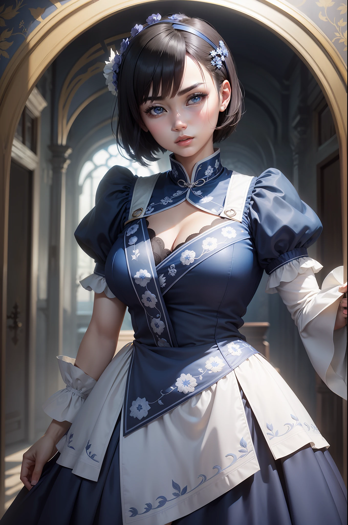 A woman with short hair in a blue and white embroidered dress,Big red mouth,The corners of the mouth are downward,Thick lips,A heroic face,Looks like dull eyes,Beautiful arched eyebrows,Straight eyebrows tilt upwards and outwards,in the style of unreal engine,distinctive noses,intense close-ups,animeaesthetic,palaces,Generate realistic faces,黑The eye,Shang Laurels,Wallpapers,portrait of cute soldier girl
