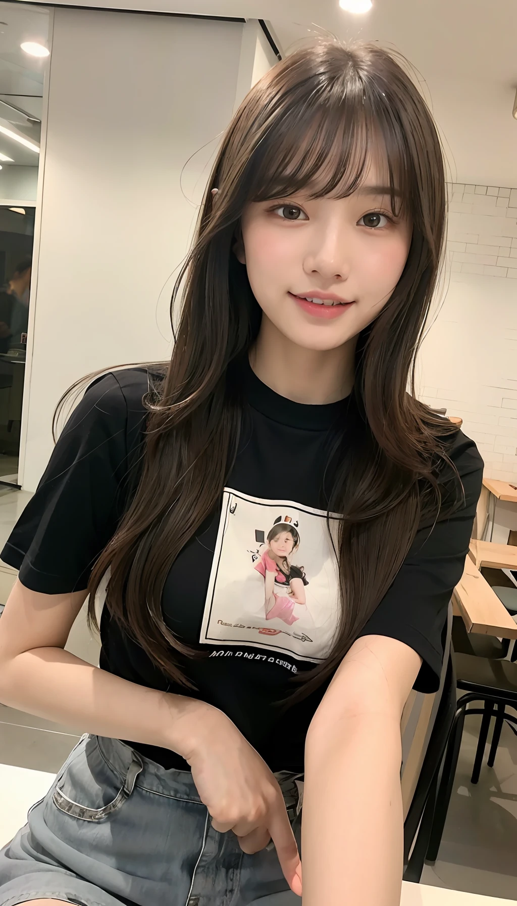(8K、top-quality、masterpiece、超A high resolution、High Definition Face:1.3)、portlate、(20 years girl:1.3)、bokeh dof、frontage、 Genius genius smile、ultra-detailliert、ultra res、(realisitic、rialistic photo:1.37)、high-definition RAW color photography、Professional Photography、highly detailed and beautiful、ighly detailed、8K Picture Wallpaper、amazing detailed、huge filesize、Official art、Highly detailed CG Unity 8K wallpapers、highly detailed beautiful girl、extra detailed face、extremely detailed eye、highlydetailed skin、extremely detailed fingers、highly detailed nose、very detailed detailed mouth、Perfect Anatomy、Highly detailed clothing、女の子 1 人、(18:1.2)、Teen、Cute little girl s、famous Japan idol、cute little、Realistic body、小柄、de pele branca、glistning skin、Slim body、Handsome body、brown haired、(Blunt bangs:1.2)、Classic wavy long hair、 (nffsw:1.3),A smile、kawaii、zora々Right、kawaii faces、Lifelike face、Delicat eyes、Sauce order、T-shirt、skirt by the、Looking at the camera、cowboy shot、Inside the café、front facing、Contrapo、public