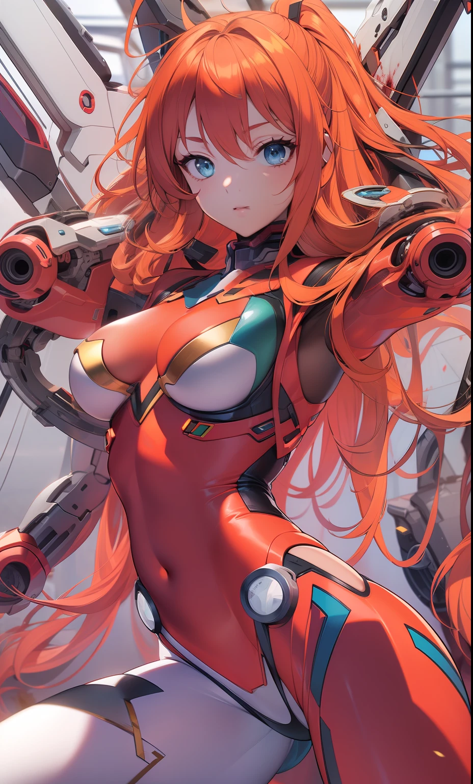 tmasterpiece, best qualityer, Kizi, slenderness, blue color eyes, Hair color, Unfold your long orange hair, White skin of the, Blood vessels in the arms and chest, mediating, Bonito, Sexy, Near future, cyber punk perssonage, uncovered skin, natta, psicodelic, spread their legs, Mechanical left arm, full bodyesbian, asuka，asuka，From anime《Shin Evangelion》，Red tight combat suit