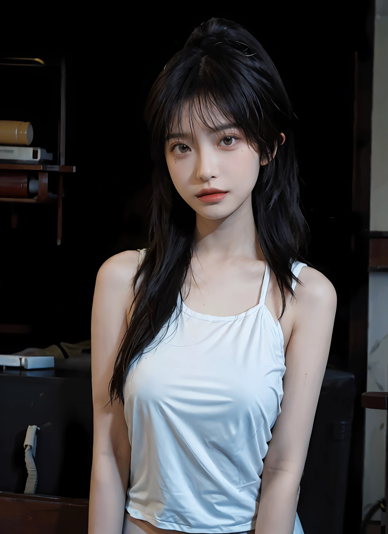 best qualtiy,tmasterpiece,超高分辨率,(realisticlying:1.4),1girll,Raised sexy,(Competitive swimwear:1.2),(Bigchest:1.3),(The upper part of the body:1.4),High ponytail,Pupil correction
